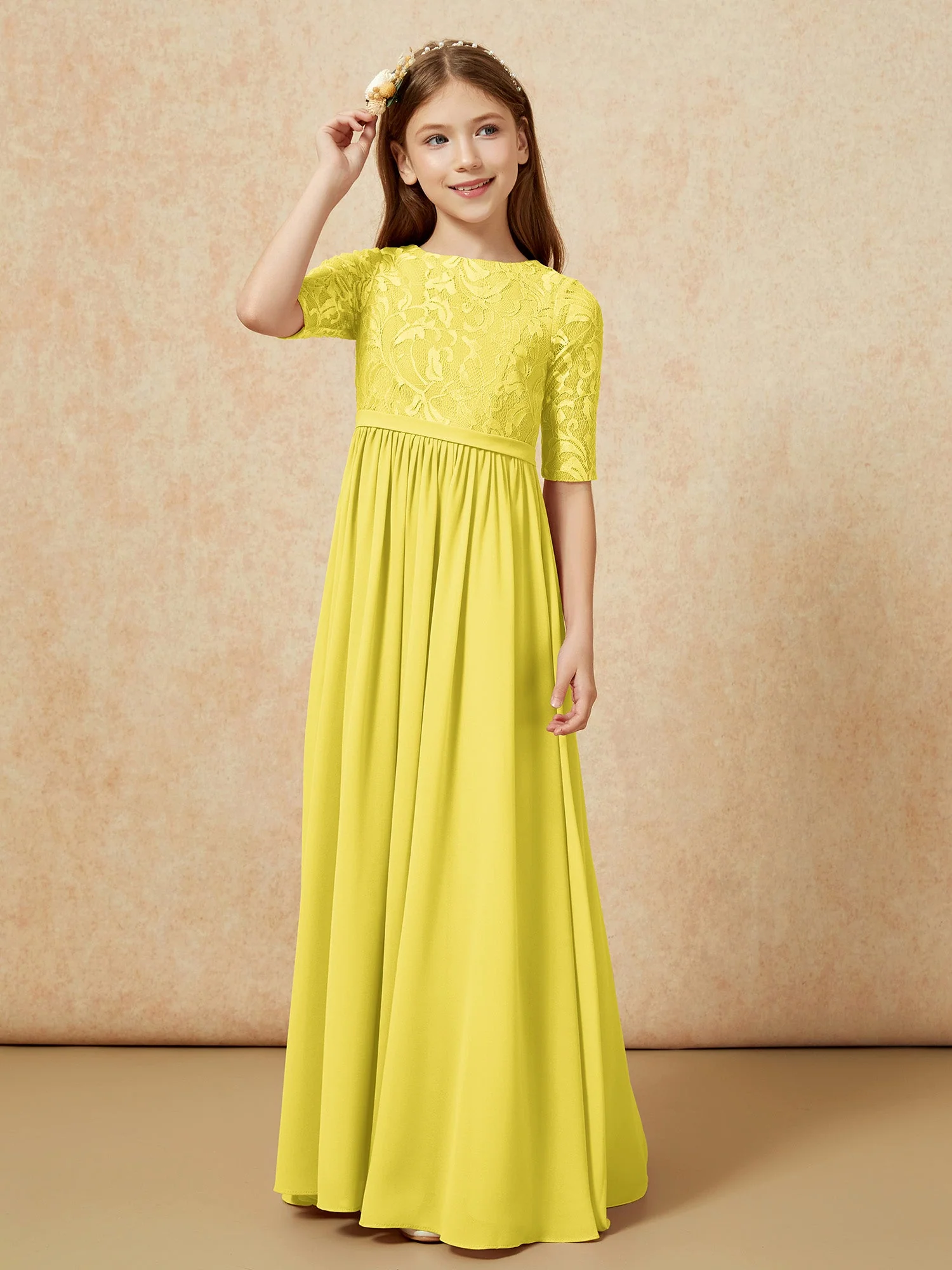 Halbarm Spitzen Oberteil Chiffon Junge Brautjungfernkleider Zitrone - Image 5