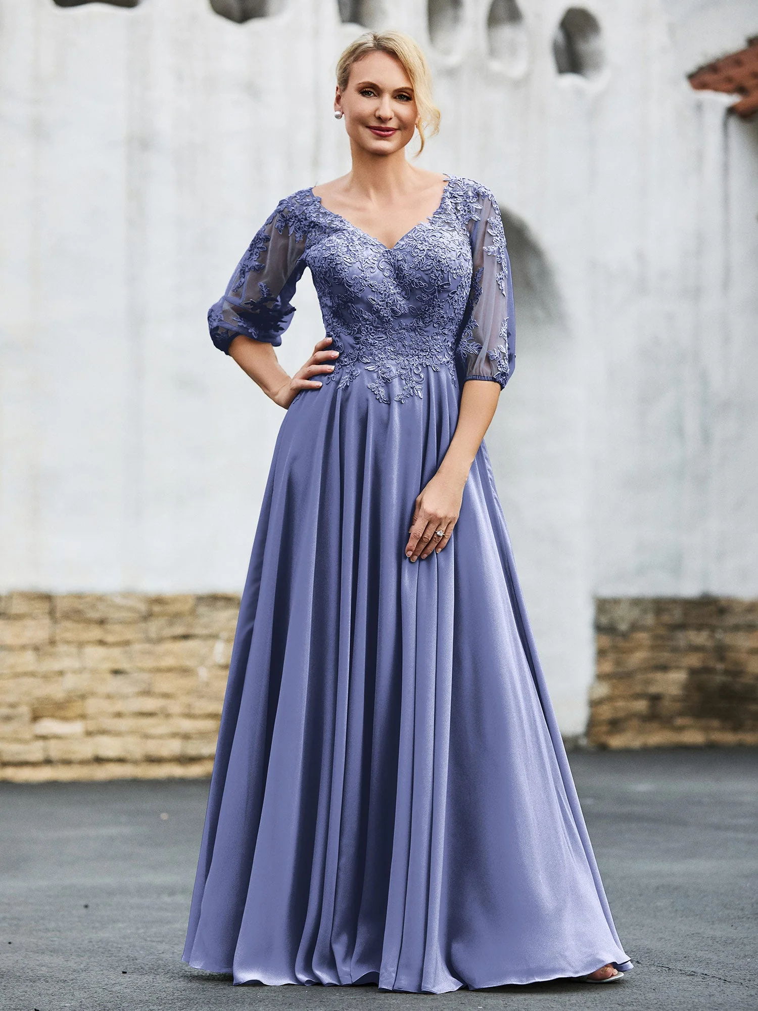 Halbarm Spitzenoberteil Plissee Kleid Periwinkleblau