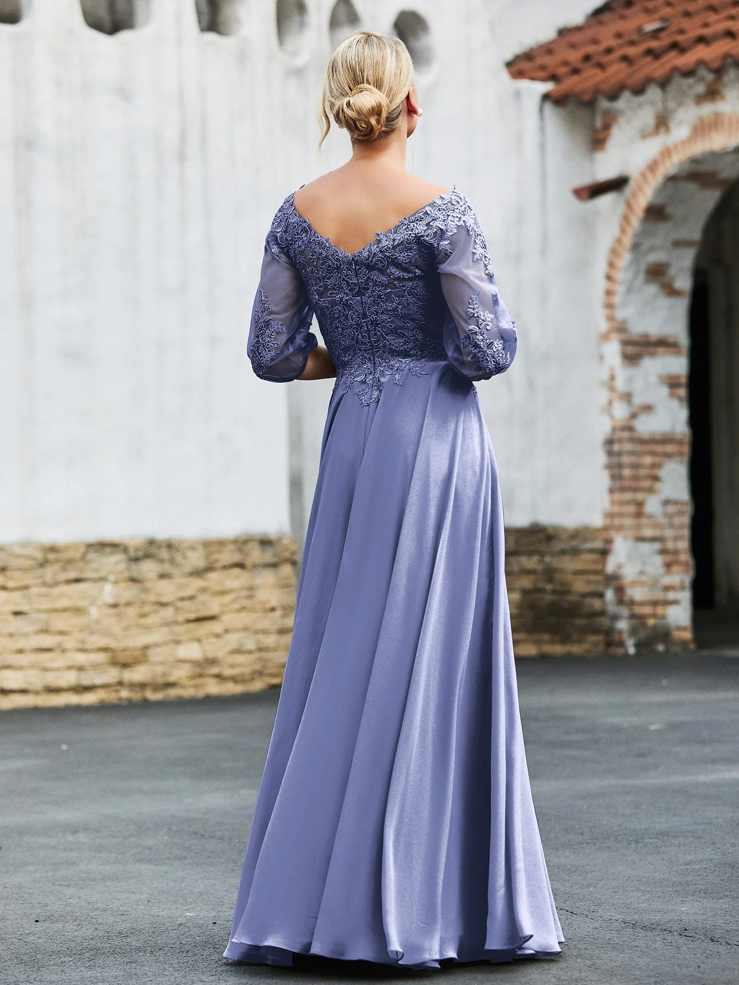 Halbarm Spitzenoberteil Plissee Kleid Periwinkleblau - Image 2