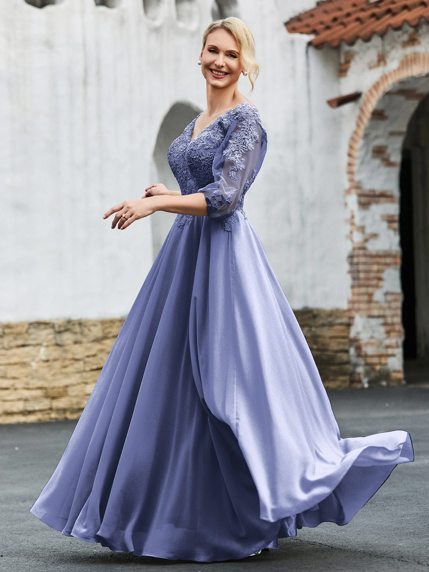 Halbarm Spitzenoberteil Plissee Kleid Periwinkleblau - Image 3