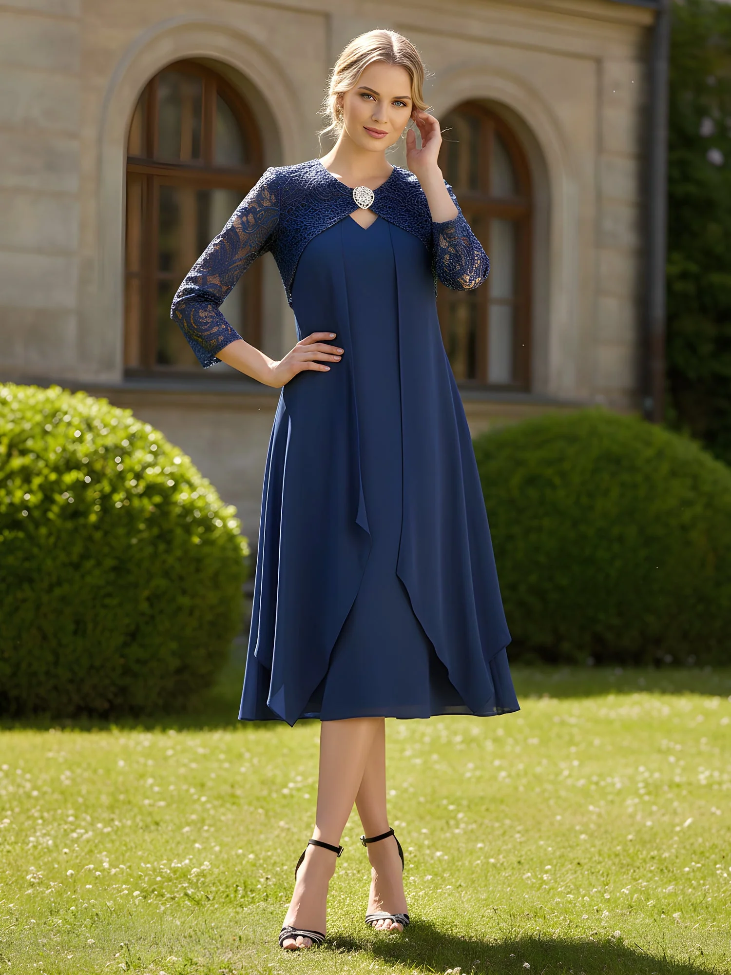 3/4 Ärmel Spitze Chiffon Wadenlang Illusion Kleid Ringelblume