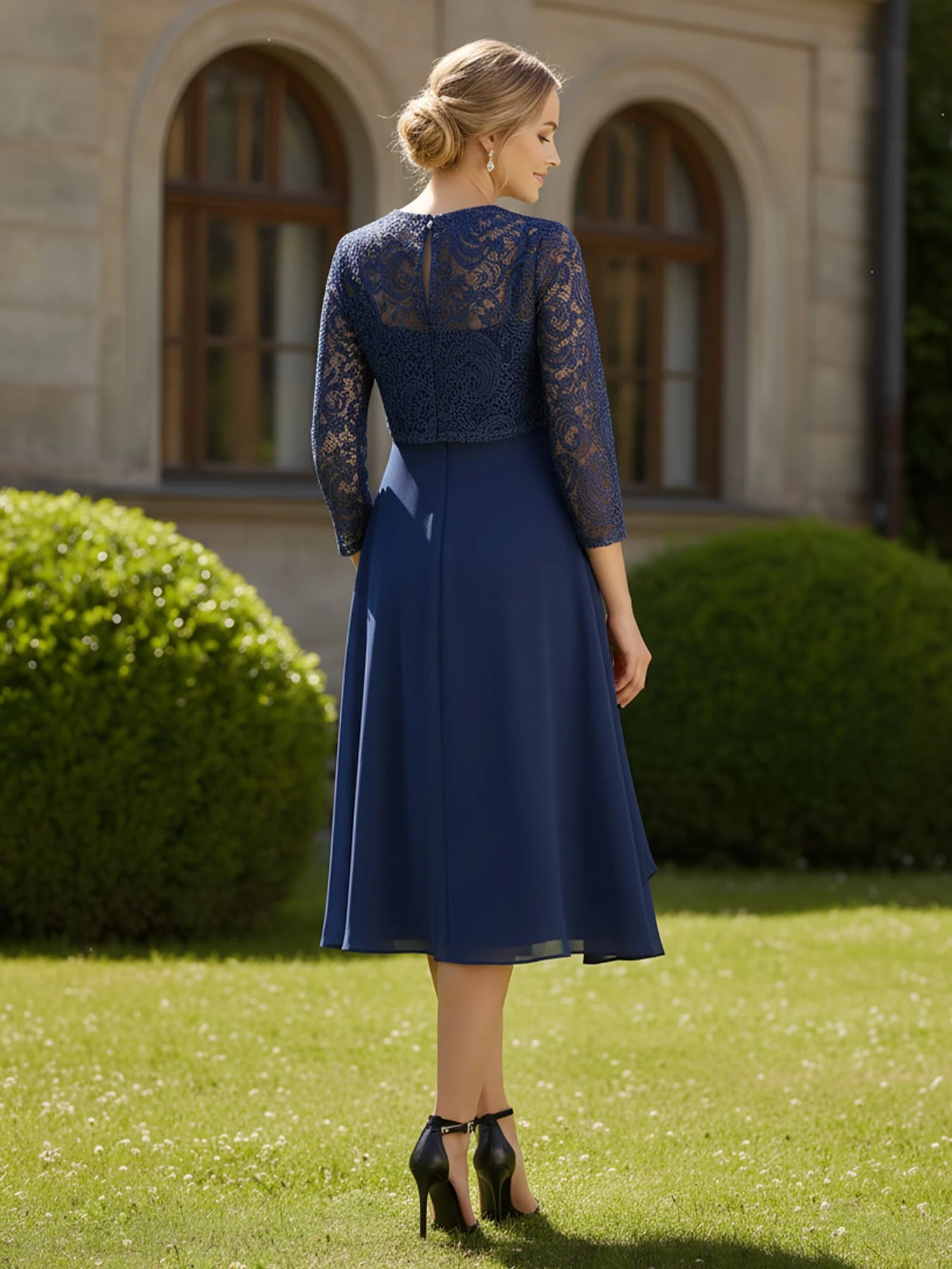 3/4 Ärmel Spitze Chiffon Wadenlang Illusion Kleid Silber - Image 2
