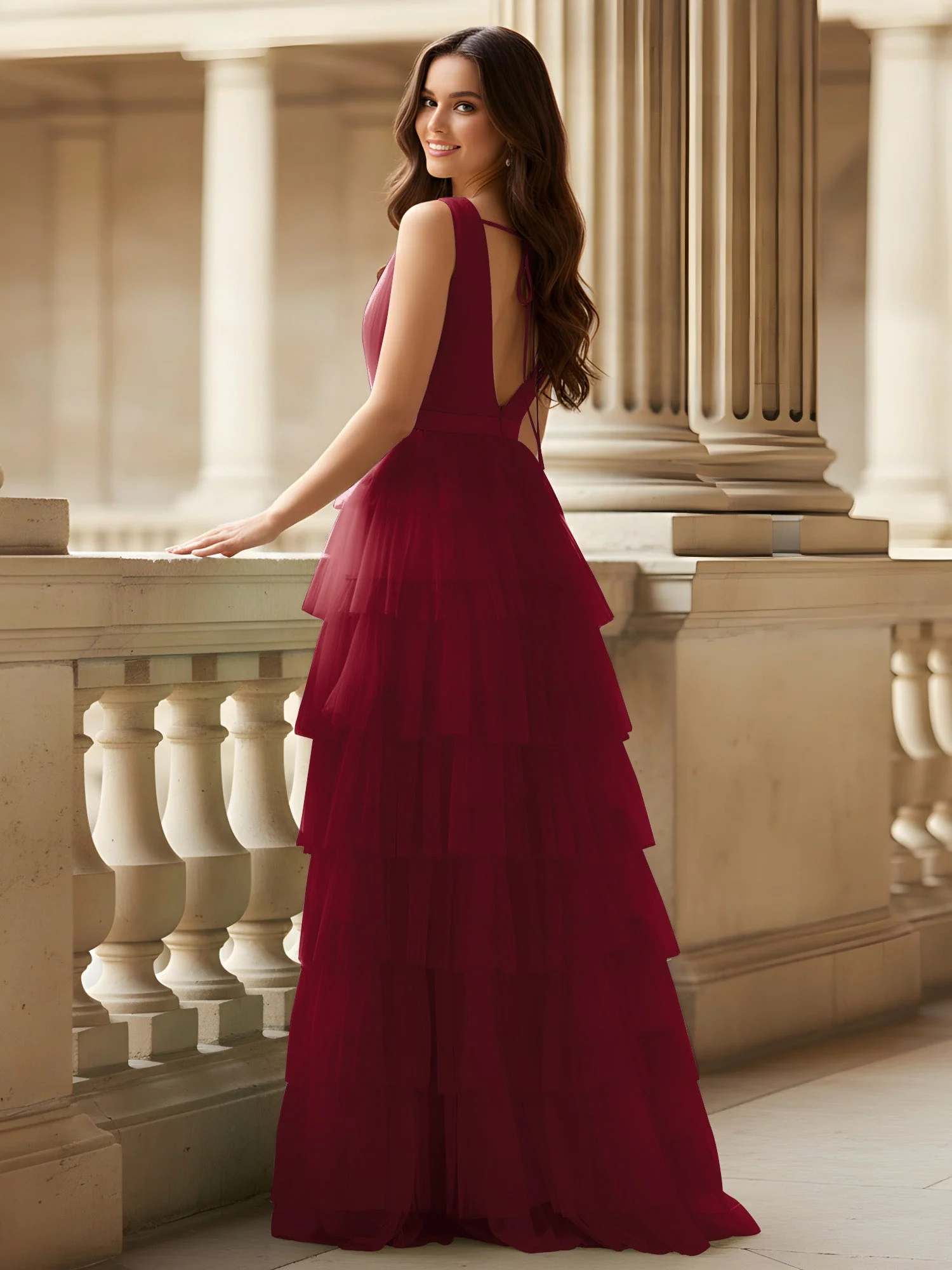 Gerafft Oberteil Formal Kleid mit Gürtel Detail Burgunderrot - Image 2