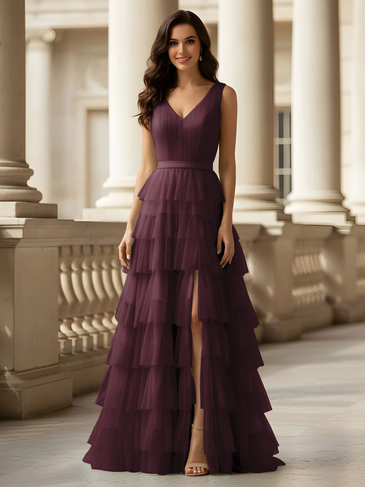 Gerafft Oberteil Formal Kleid mit Gürtel Detail Cabernet