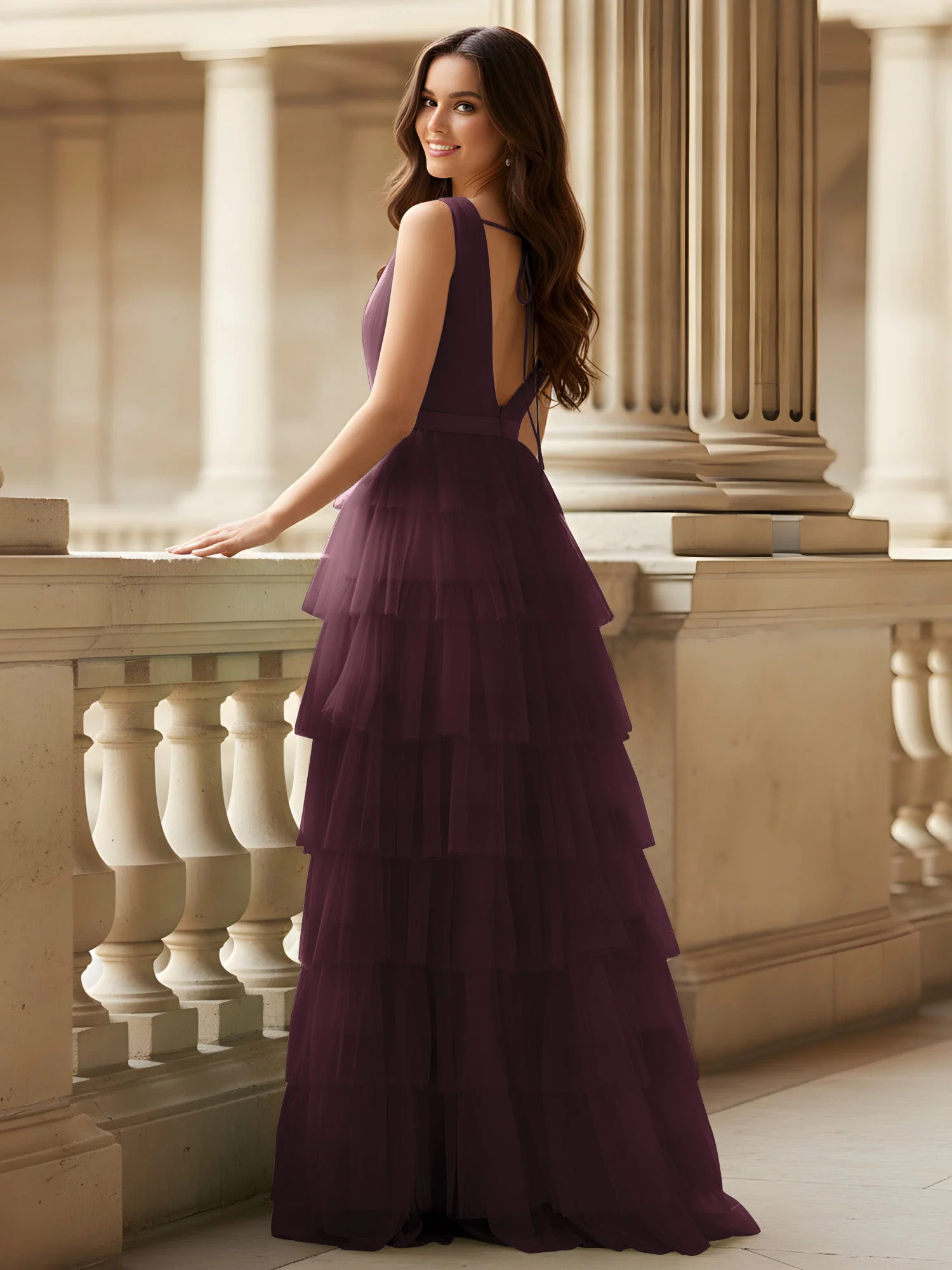 Gerafft Oberteil Formal Kleid mit Gürtel Detail Cabernet - Image 2
