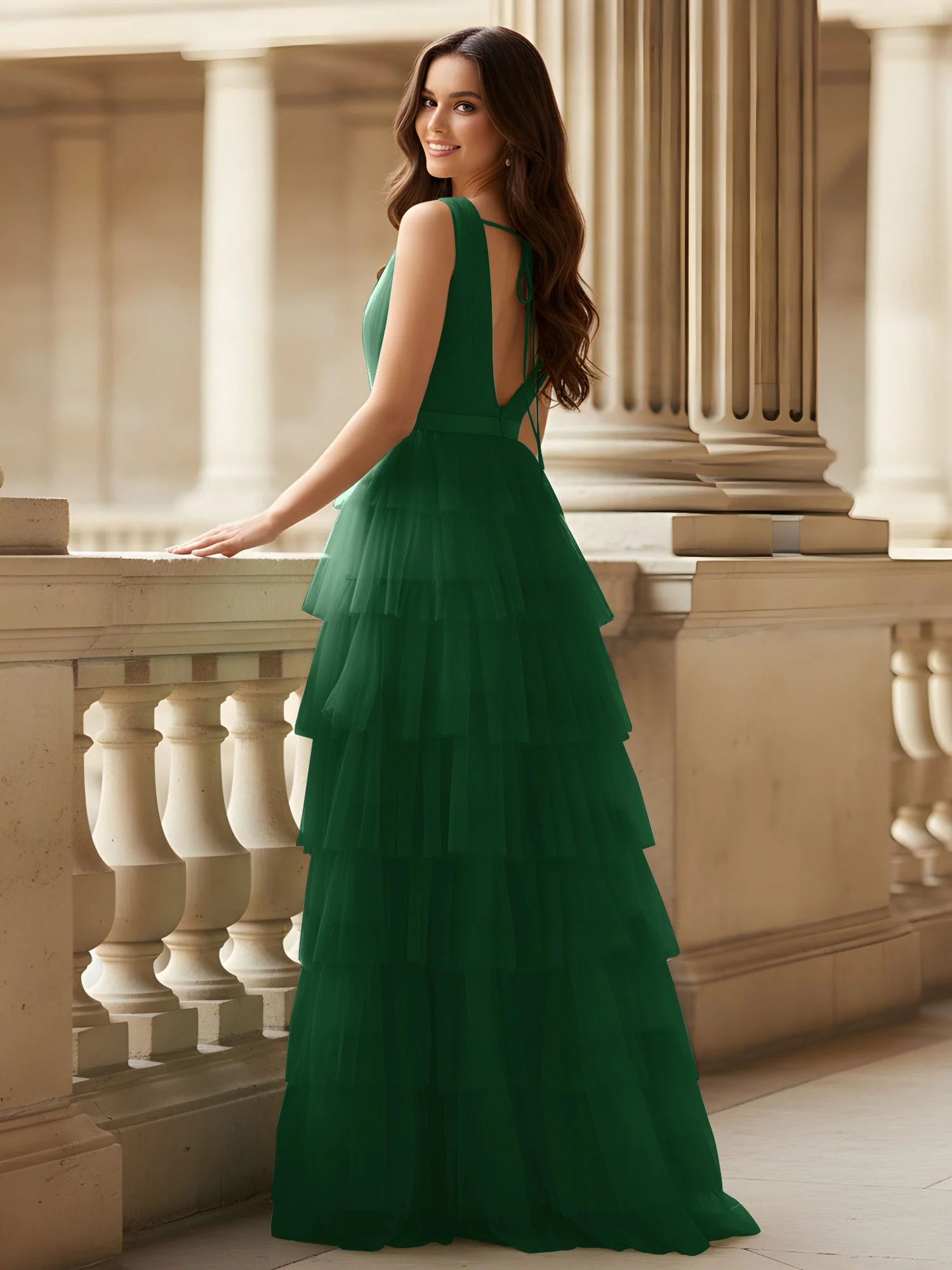 Gerafft Oberteil Formal Kleid mit Gürtel Detail Dunkelgrün - Image 2