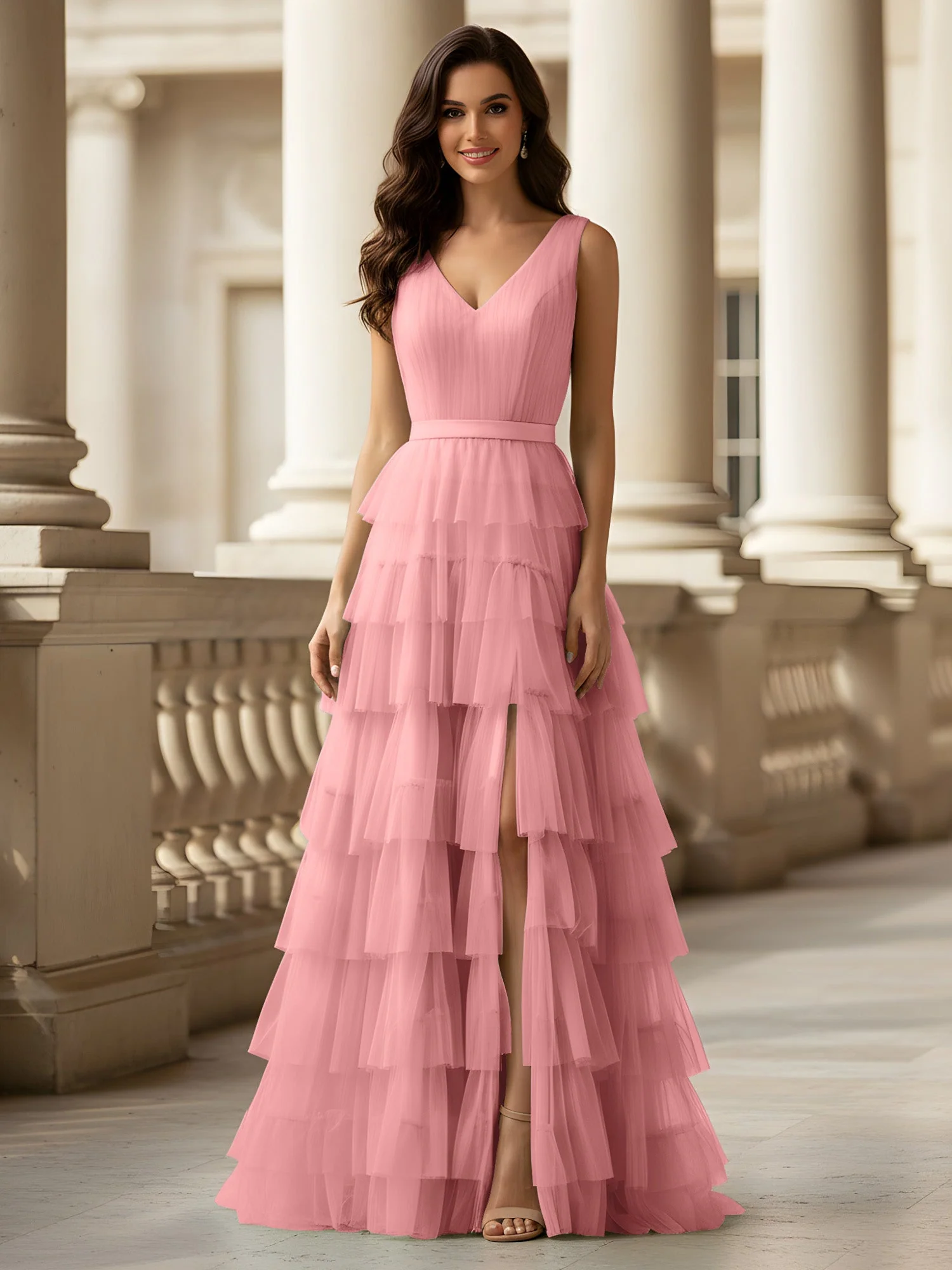 Gerafft Oberteil Formal Kleid mit Gürtel Detail Flamingo