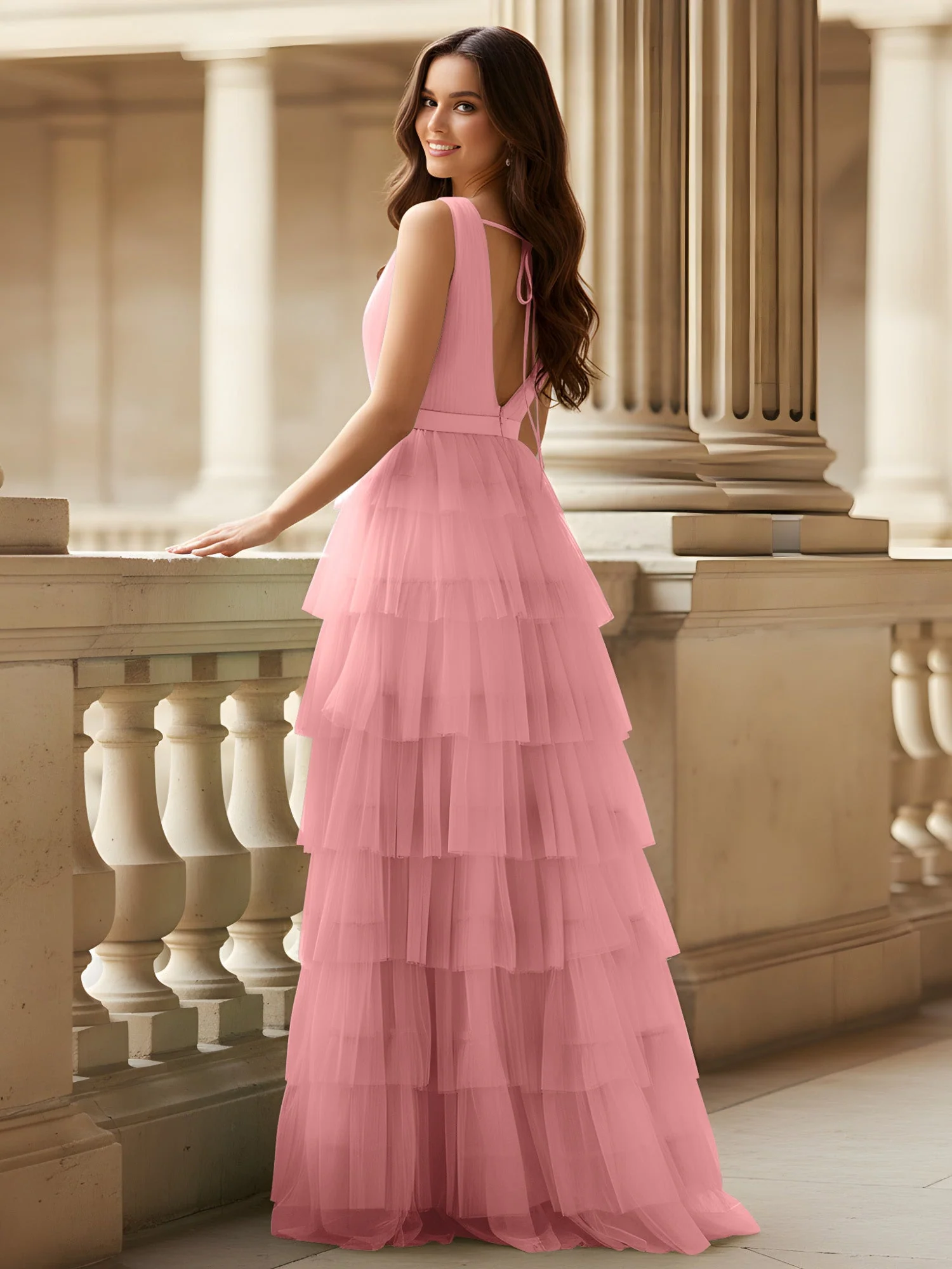 Gerafft Oberteil Formal Kleid mit Gürtel Detail Flamingo - Image 2