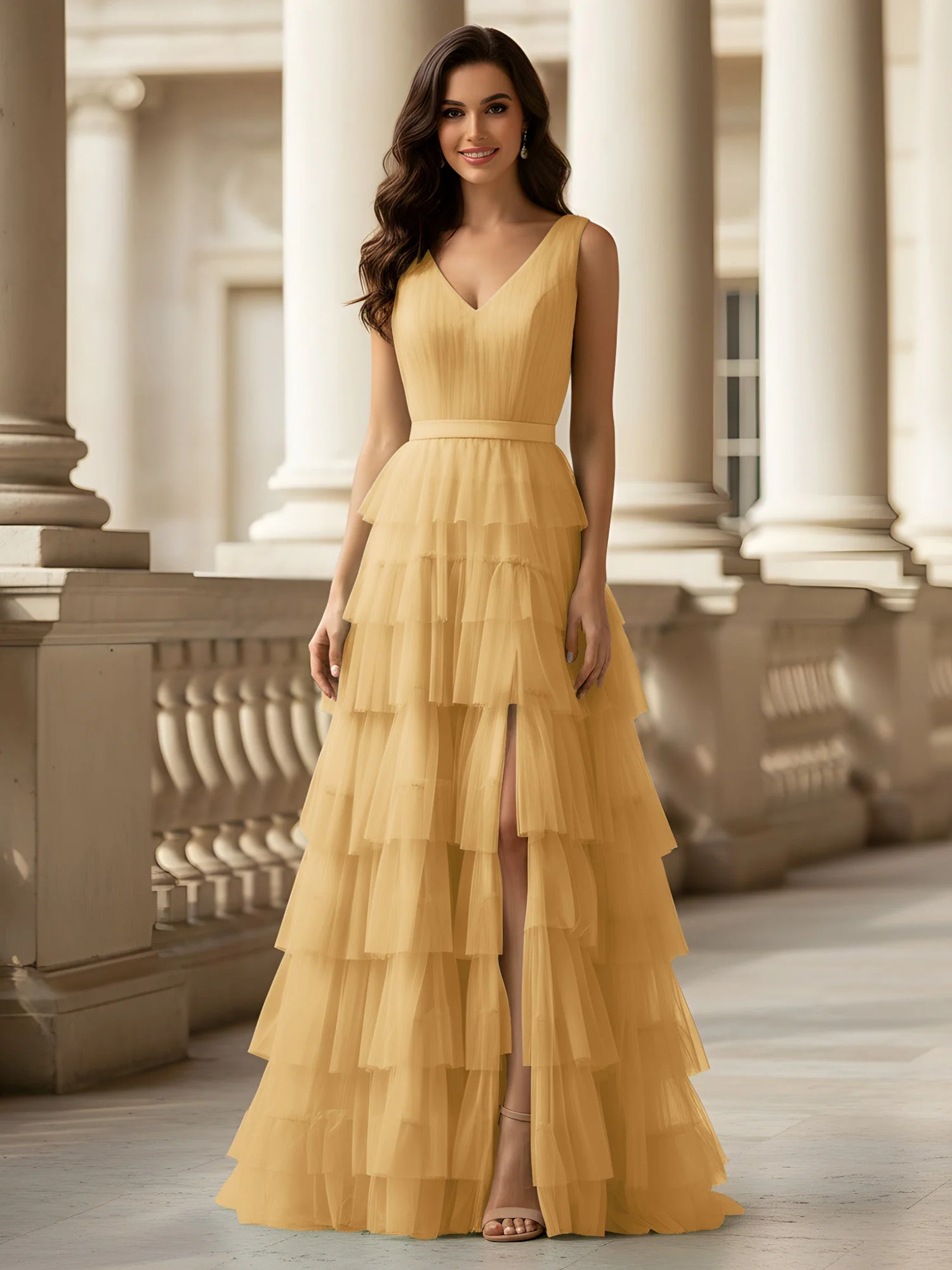 Gerafft Oberteil Formal Kleid mit Gürtel Detail Gold