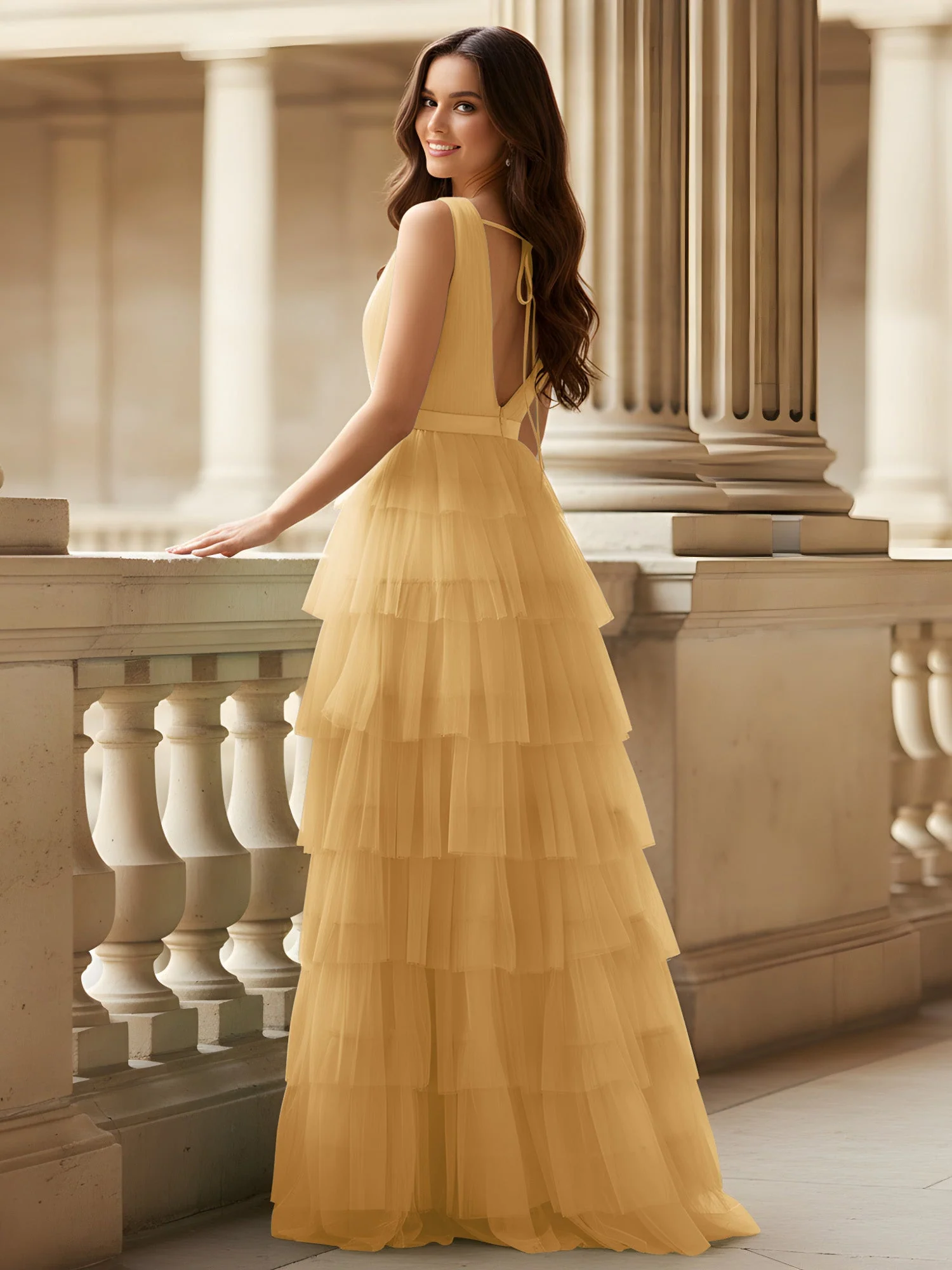 Gerafft Oberteil Formal Kleid mit Gürtel Detail Gold - Image 2