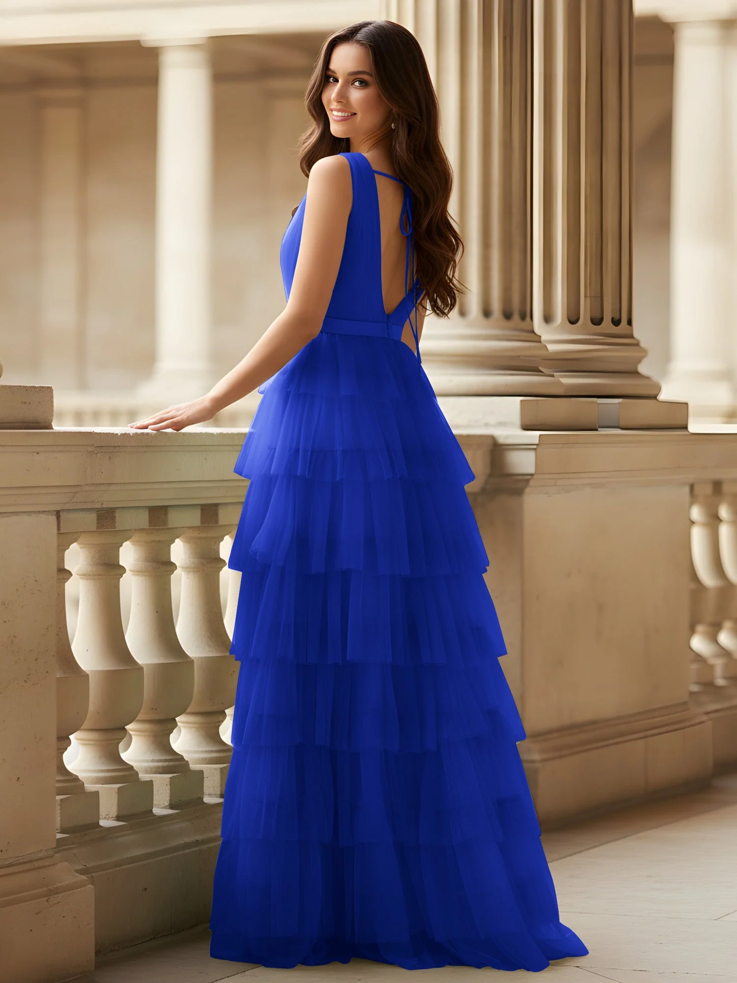 Gerafft Oberteil Formal Kleid mit Gürtel Detail Königsblau - Image 2