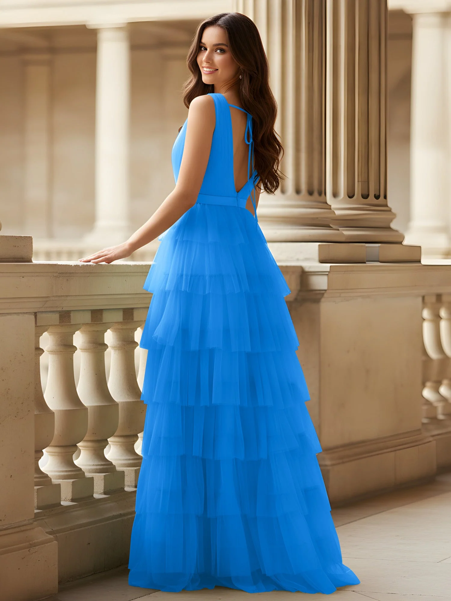 Gerafft Oberteil Formal Kleid mit Gürtel Detail Meerblau - Image 2
