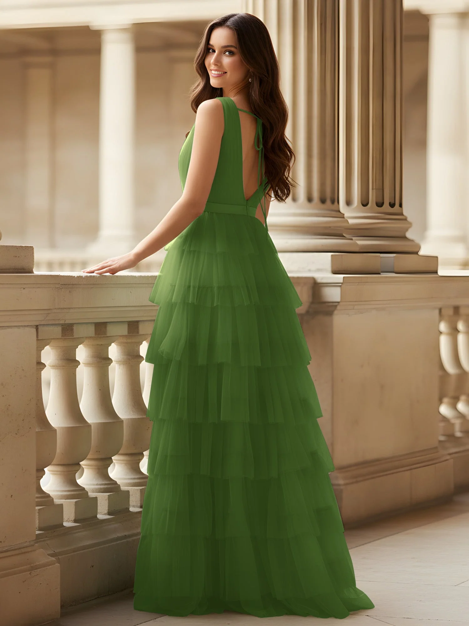 Gerafft Oberteil Formal Kleid mit Gürtel Detail Moos - Image 2
