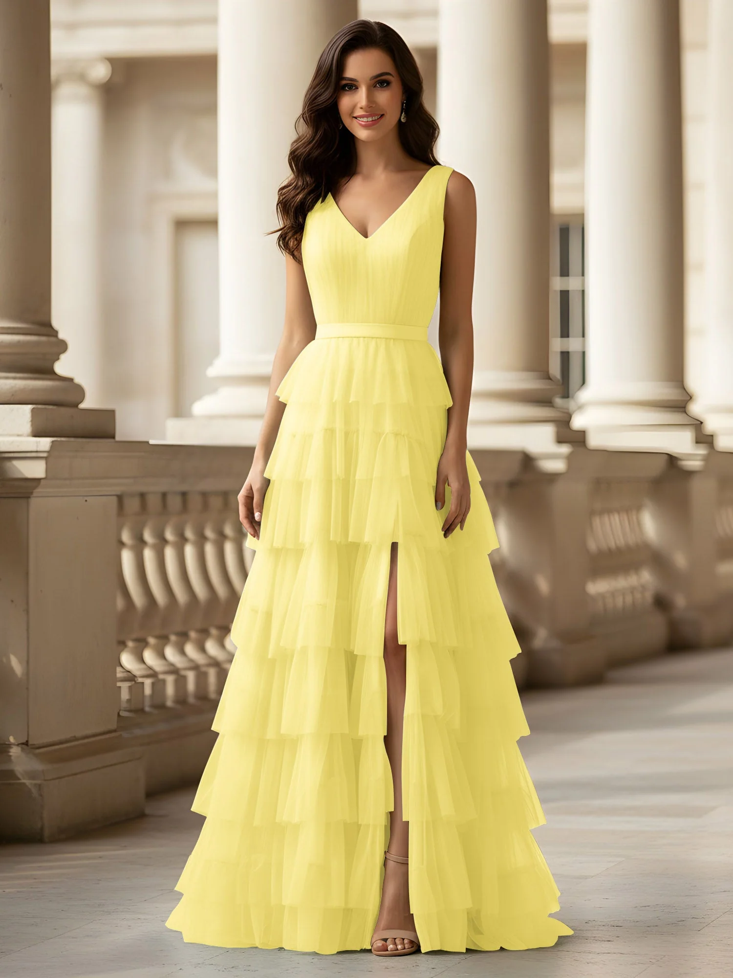 Gerafft Oberteil Formal Kleid mit Gürtel Detail Narzisse