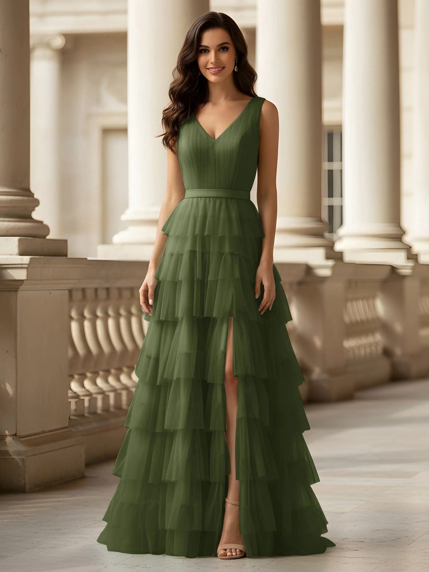 Gerafft Oberteil Formal Kleid mit Gürtel Detail Olivgrün