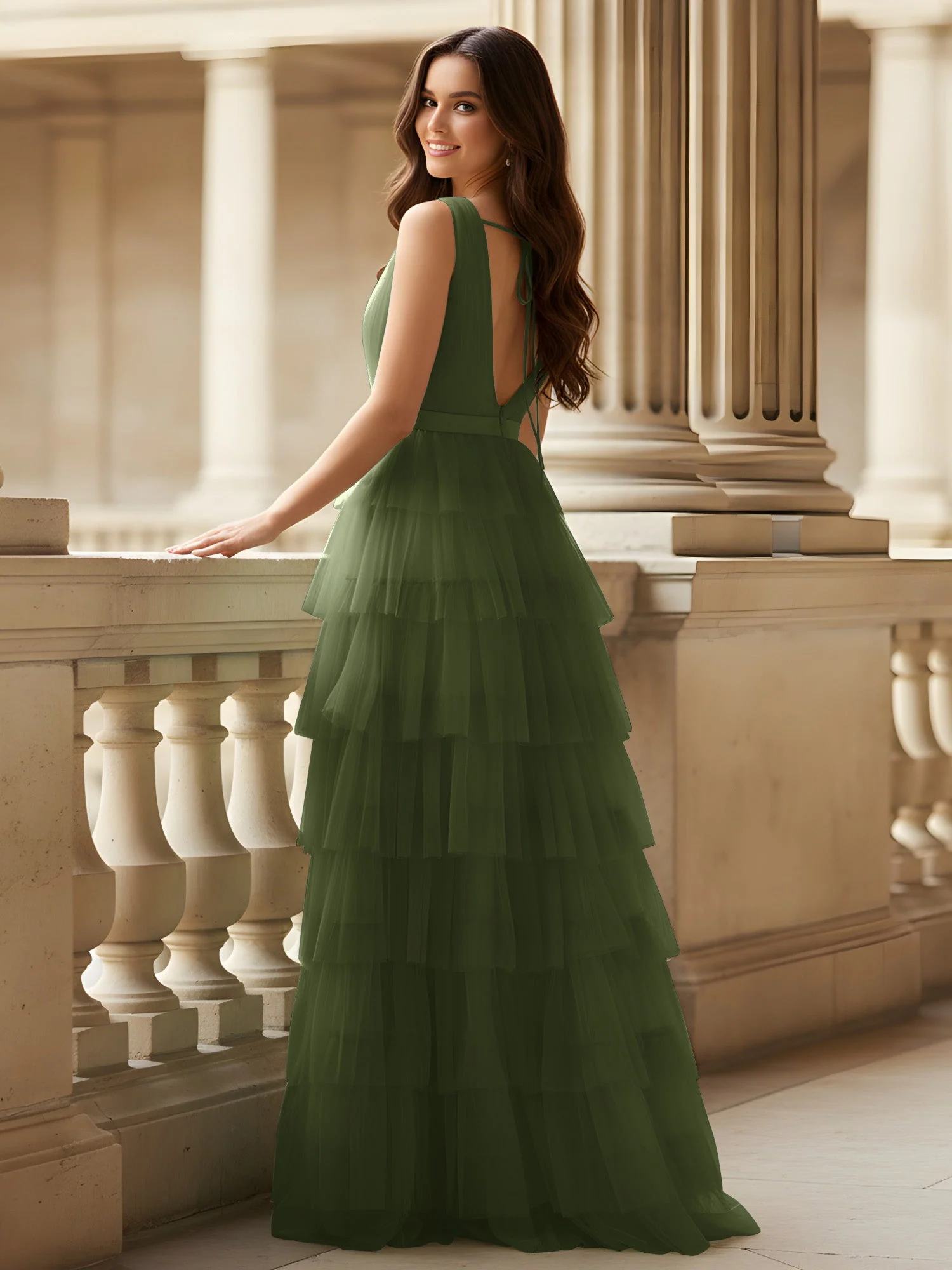 Gerafft Oberteil Formal Kleid mit Gürtel Detail Olivgrün - Image 2