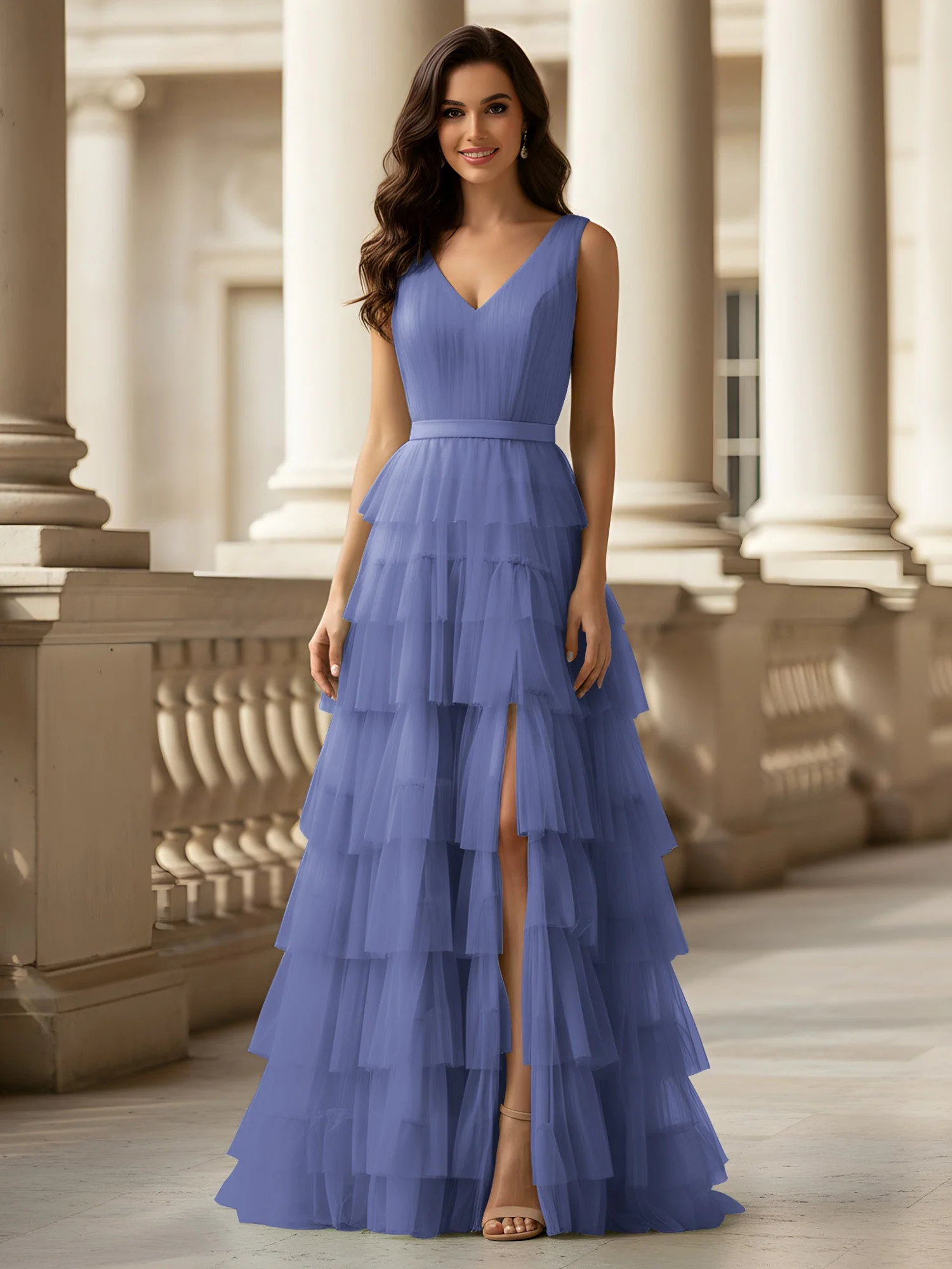Gerafft Oberteil Formal Kleid mit Gürtel Detail Periwinkleblau