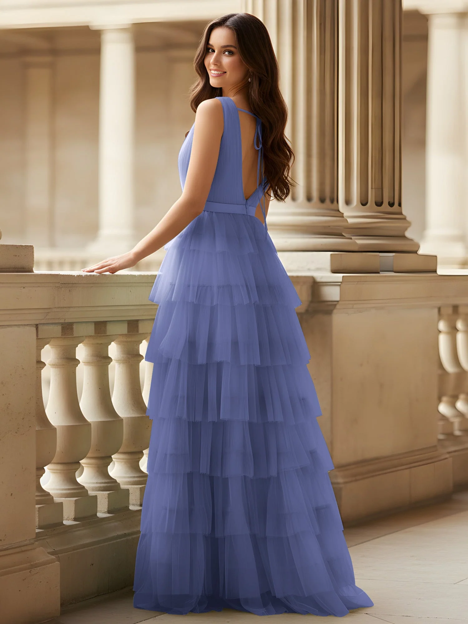 Gerafft Oberteil Formal Kleid mit Gürtel Detail Periwinkleblau - Image 2