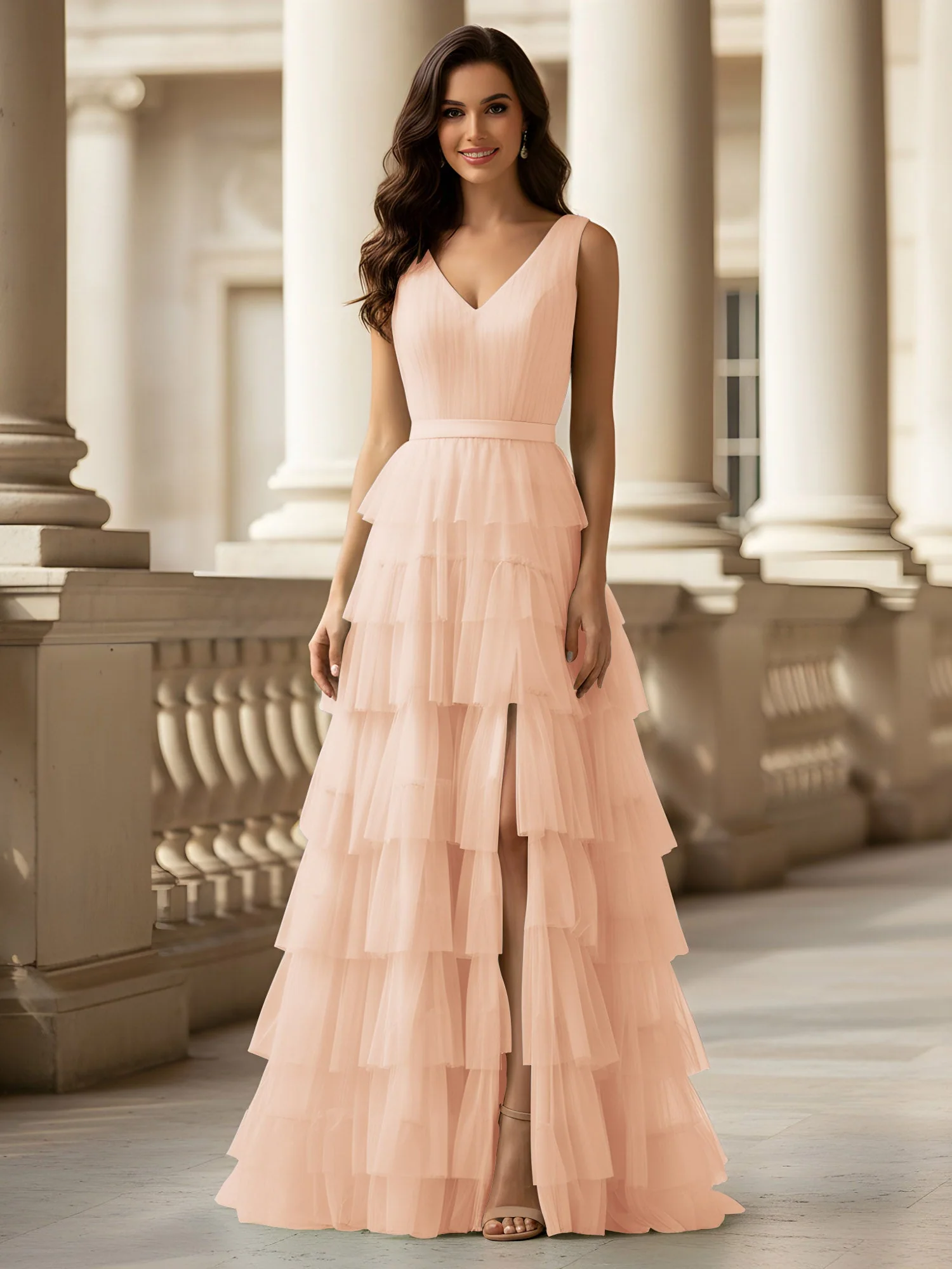 Gerafft Oberteil Formal Kleid mit Gürtel Detail Perlrosa