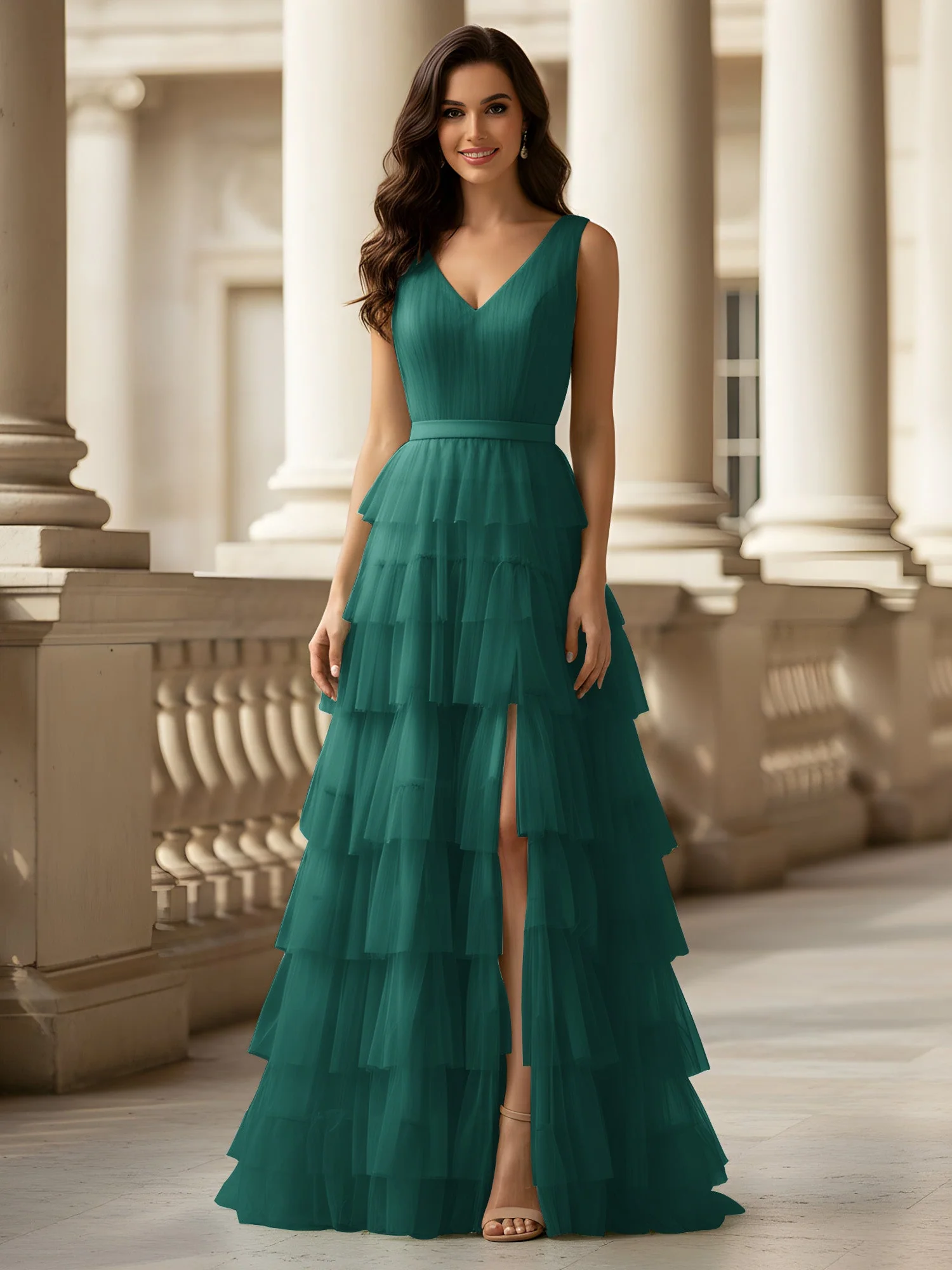 Gerafft Oberteil Formal Kleid mit Gürtel Detail Pfau