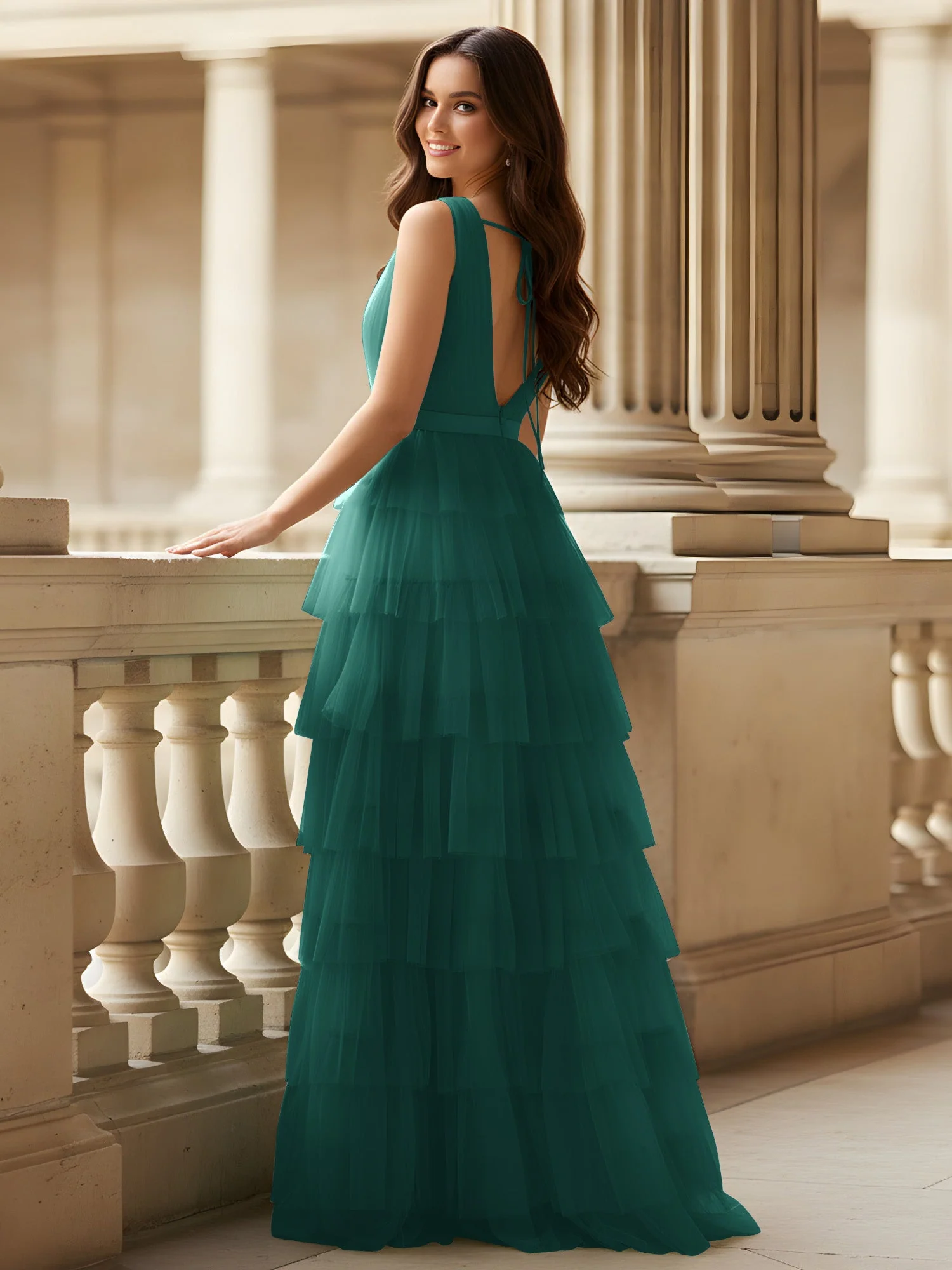 Gerafft Oberteil Formal Kleid mit Gürtel Detail Pfau - Image 2