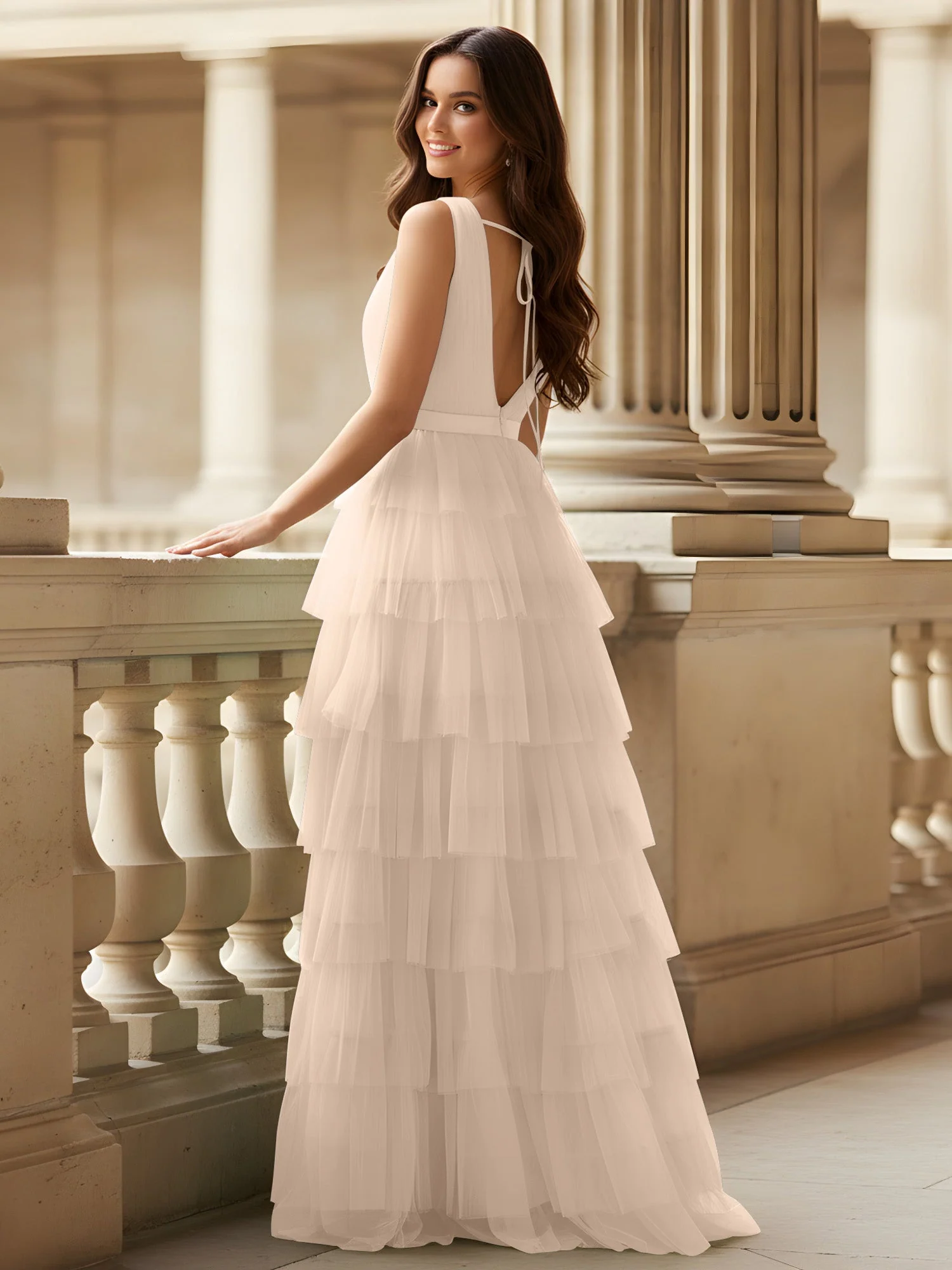 Gerafft Oberteil Formal Kleid mit Gürtel Detail Pfirsich - Image 2