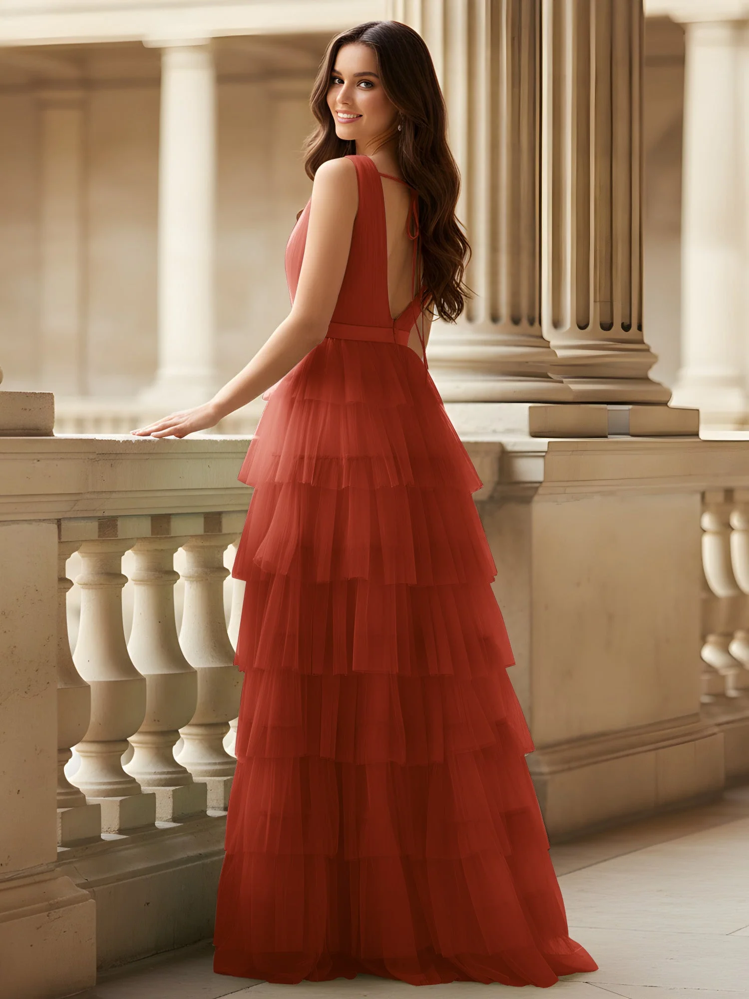 Gerafft Oberteil Formal Kleid mit Gürtel Detail Rost - Image 2