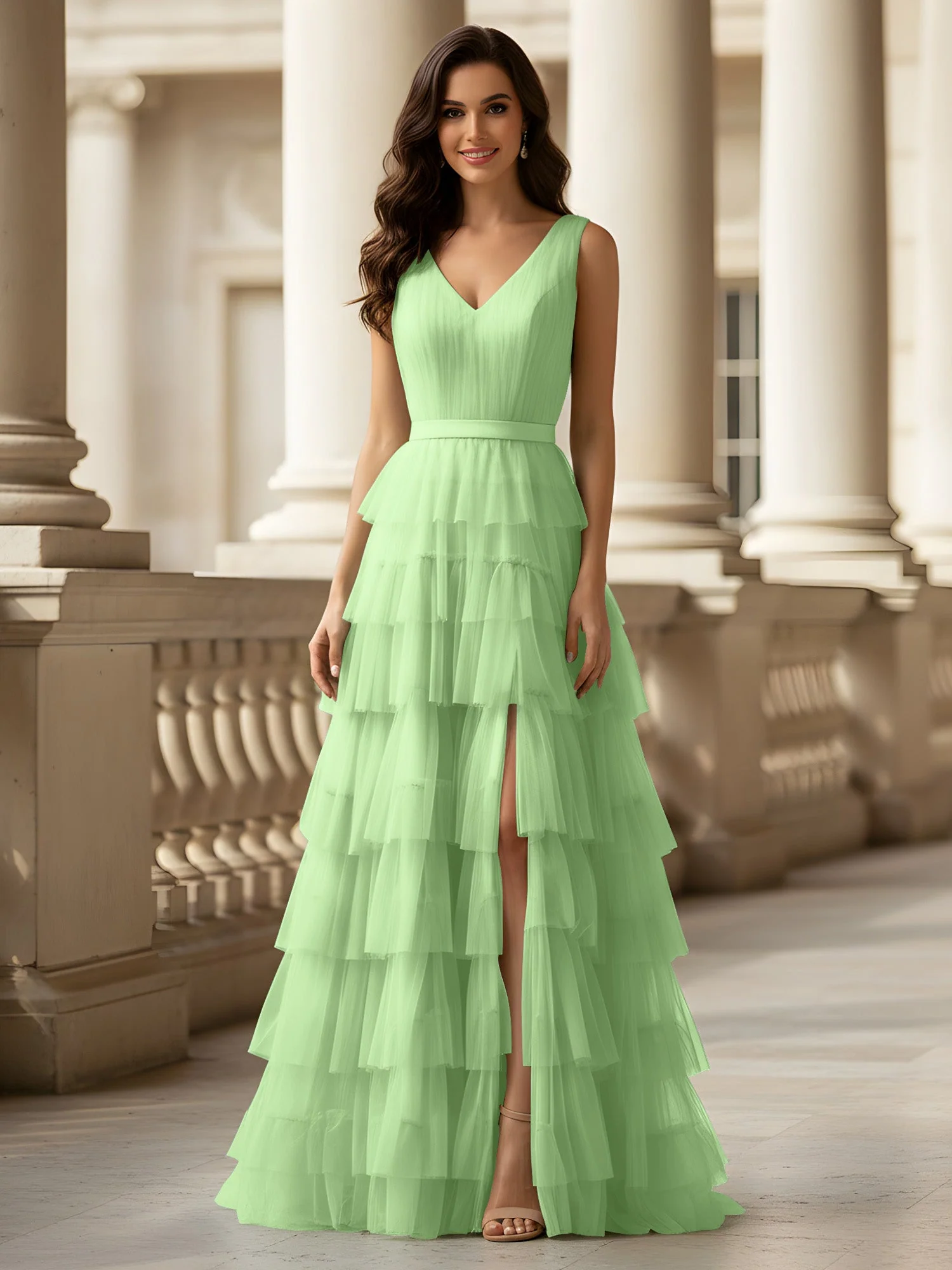 Gerafft Oberteil Formal Kleid mit Gürtel Detail Salbei