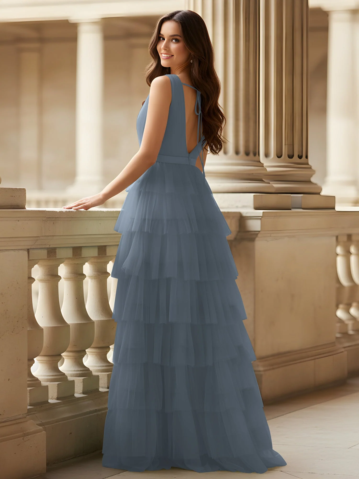 Gerafft Oberteil Formal Kleid mit Gürtel Detail Schiefer Blau - Image 2