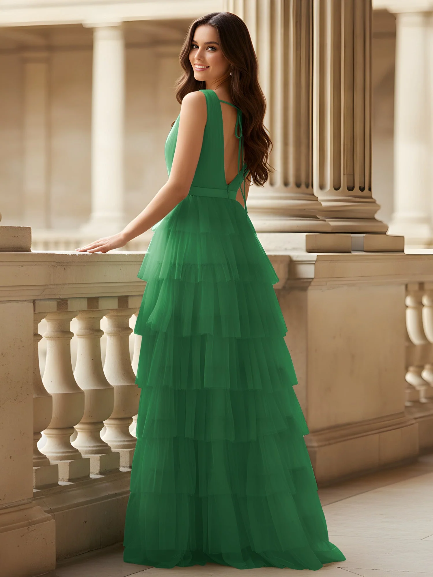 Gerafft Oberteil Formal Kleid mit Gürtel Detail Smaragd - Image 2