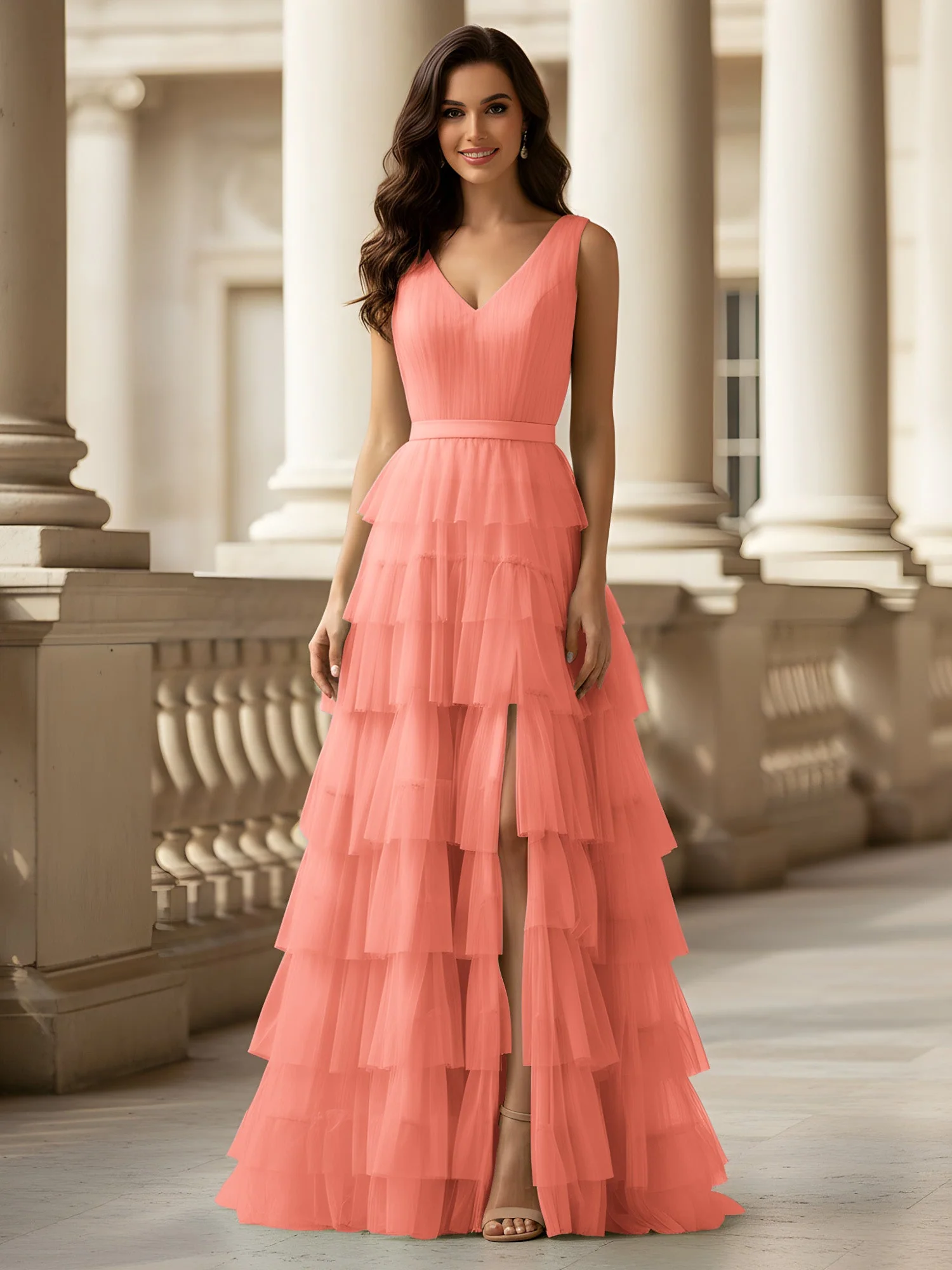 Gerafft Oberteil Formal Kleid mit Gürtel Detail Sonnenuntergang