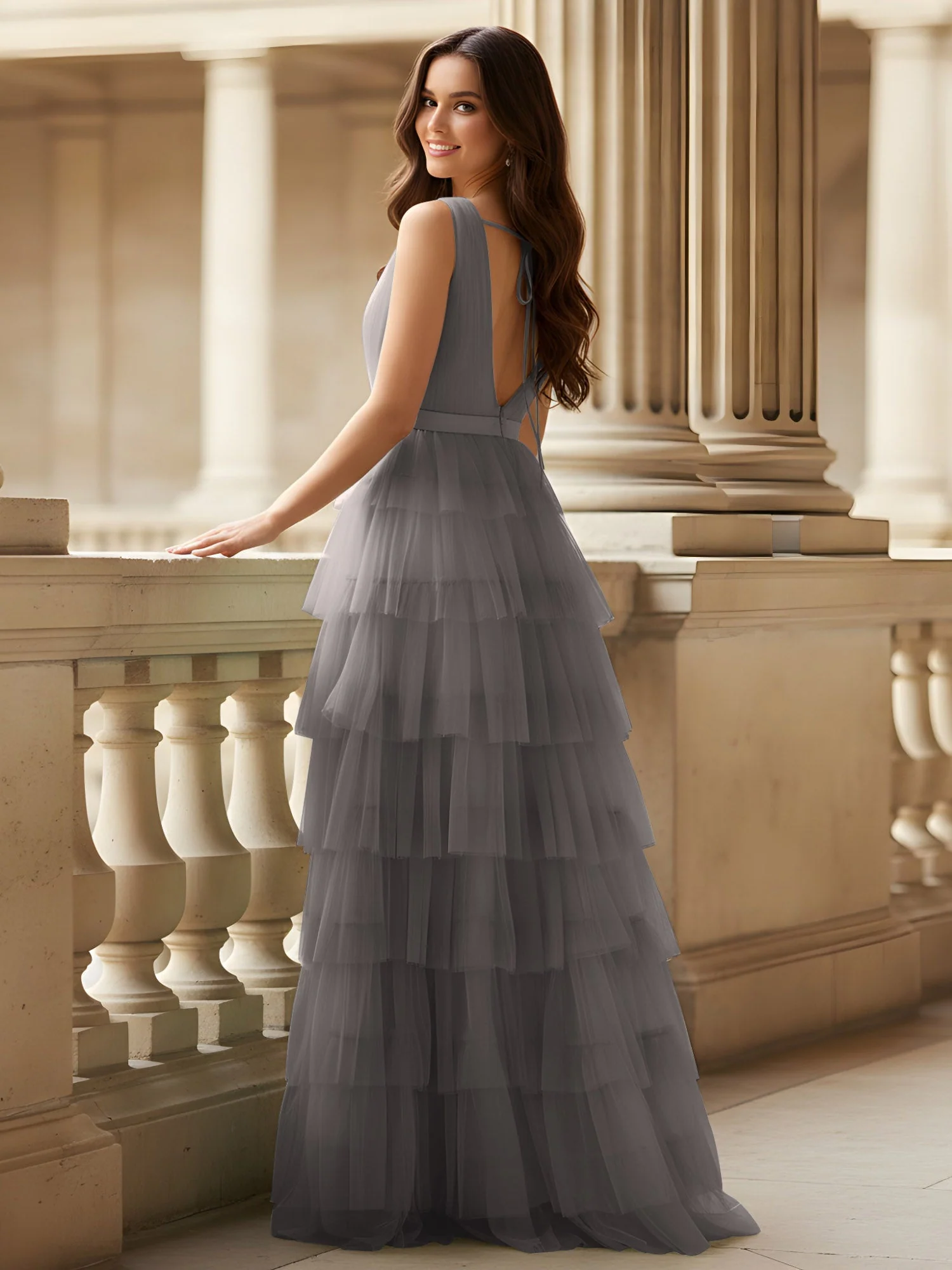 Gerafft Oberteil Formal Kleid mit Gürtel Detail Stahlgrau - Image 2