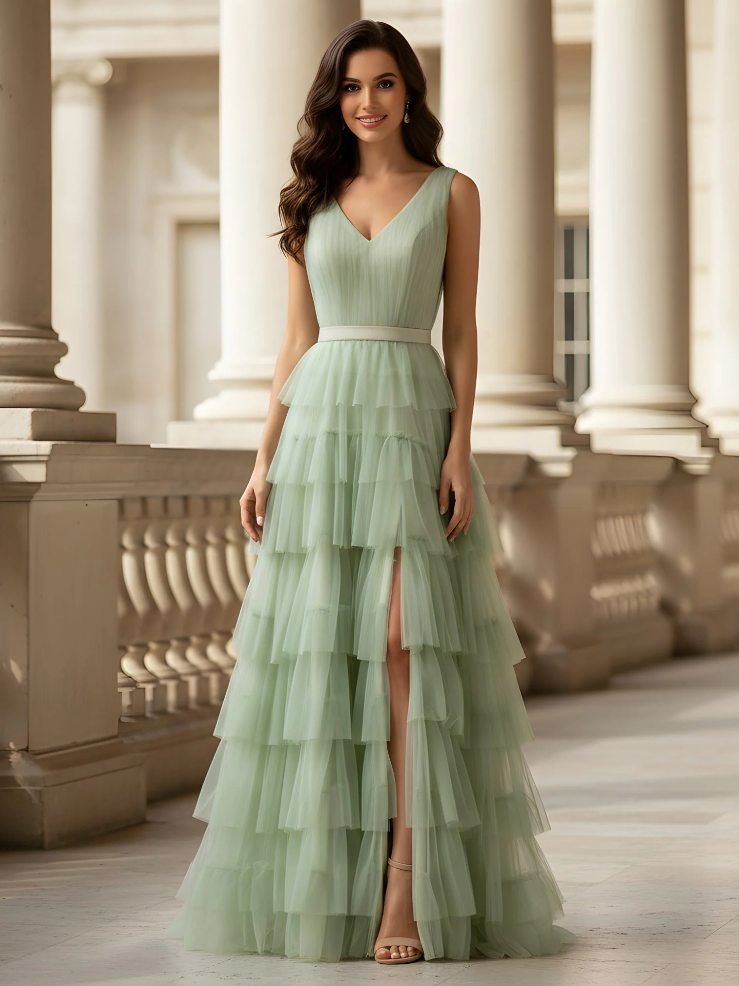 Gerafft Oberteil Formal Kleid mit Gürtel Detail Staubiges Salbei