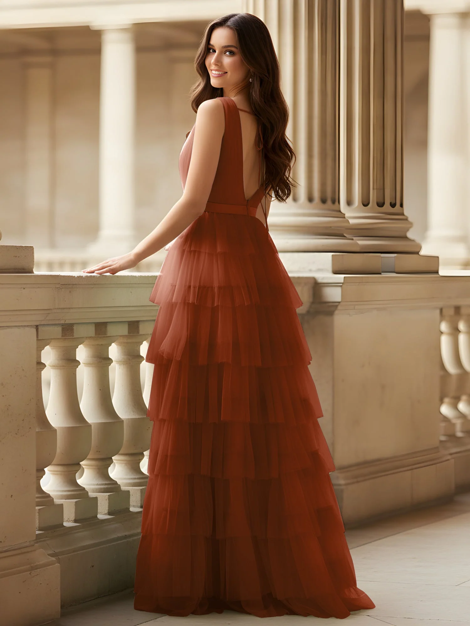 Gerafft Oberteil Formal Kleid mit Gürtel Detail Terrakotta - Image 2