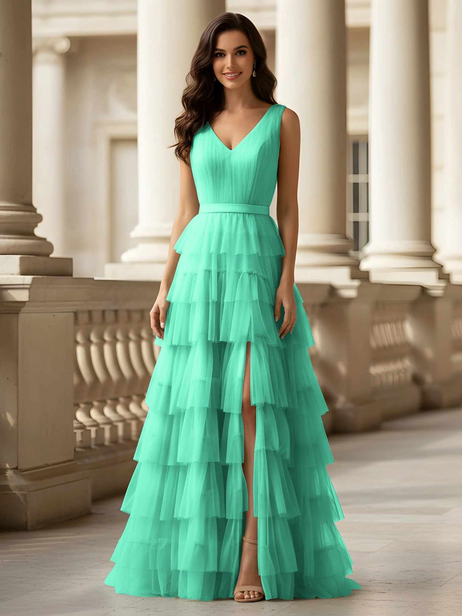 Gerafft Oberteil Formal Kleid mit Gürtel Detail Türkis