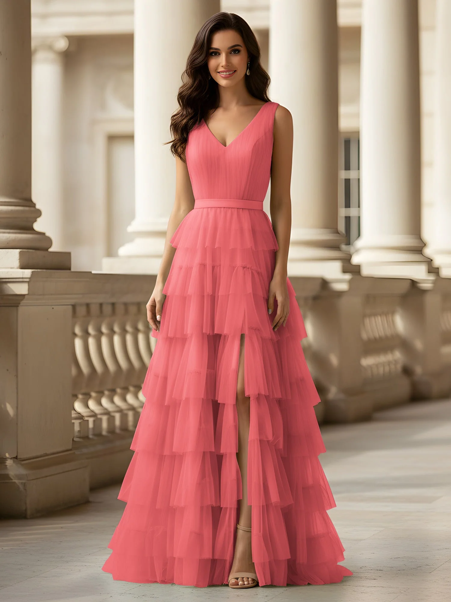 Gerafft Oberteil Formal Kleid mit Gürtel Detail Wassermelone