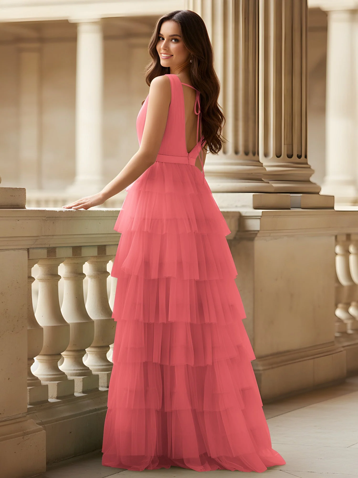 Gerafft Oberteil Formal Kleid mit Gürtel Detail Wassermelone - Image 2