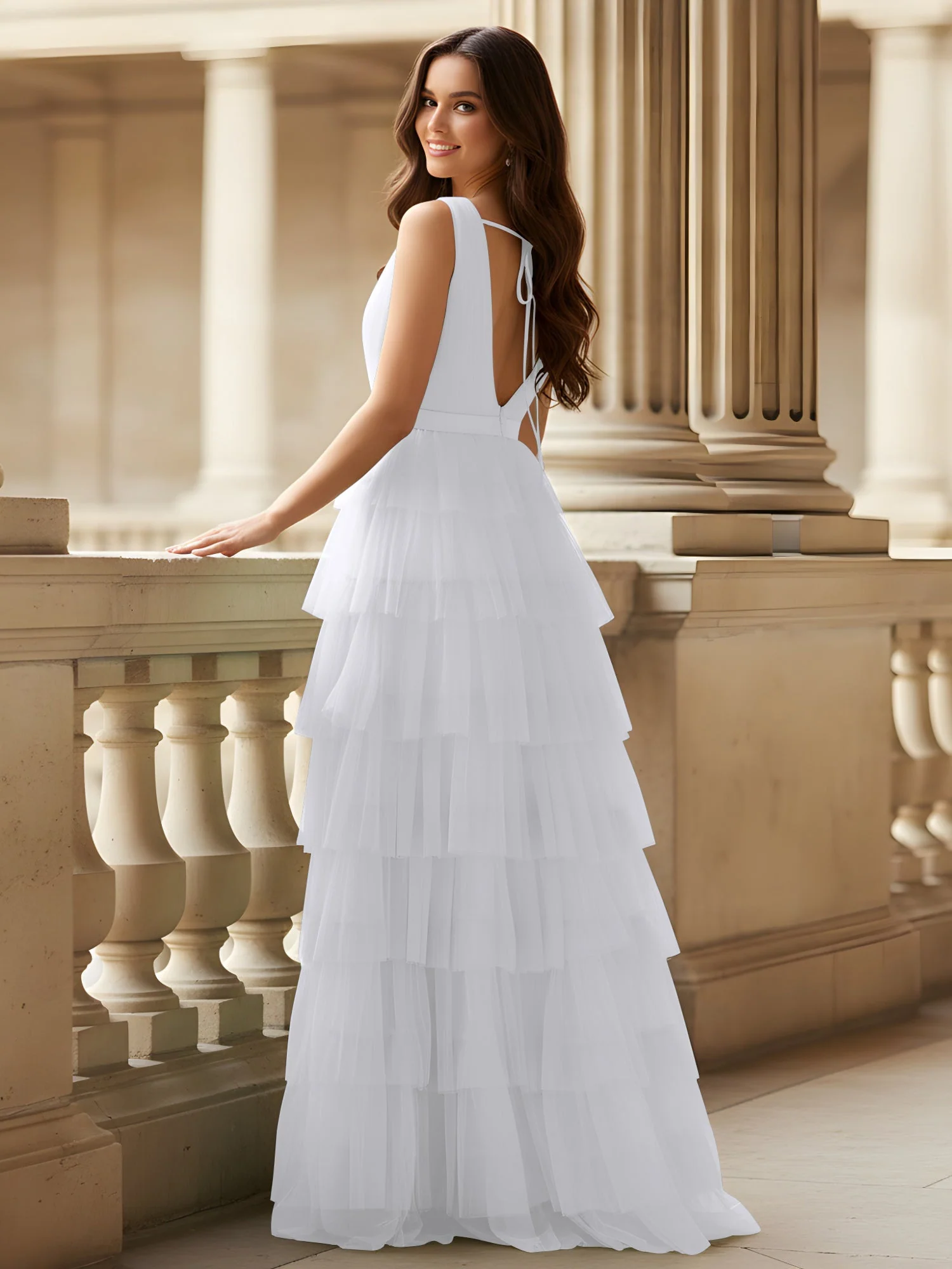 Gerafft Oberteil Formal Kleid mit Gürtel Detail Weiß - Image 2