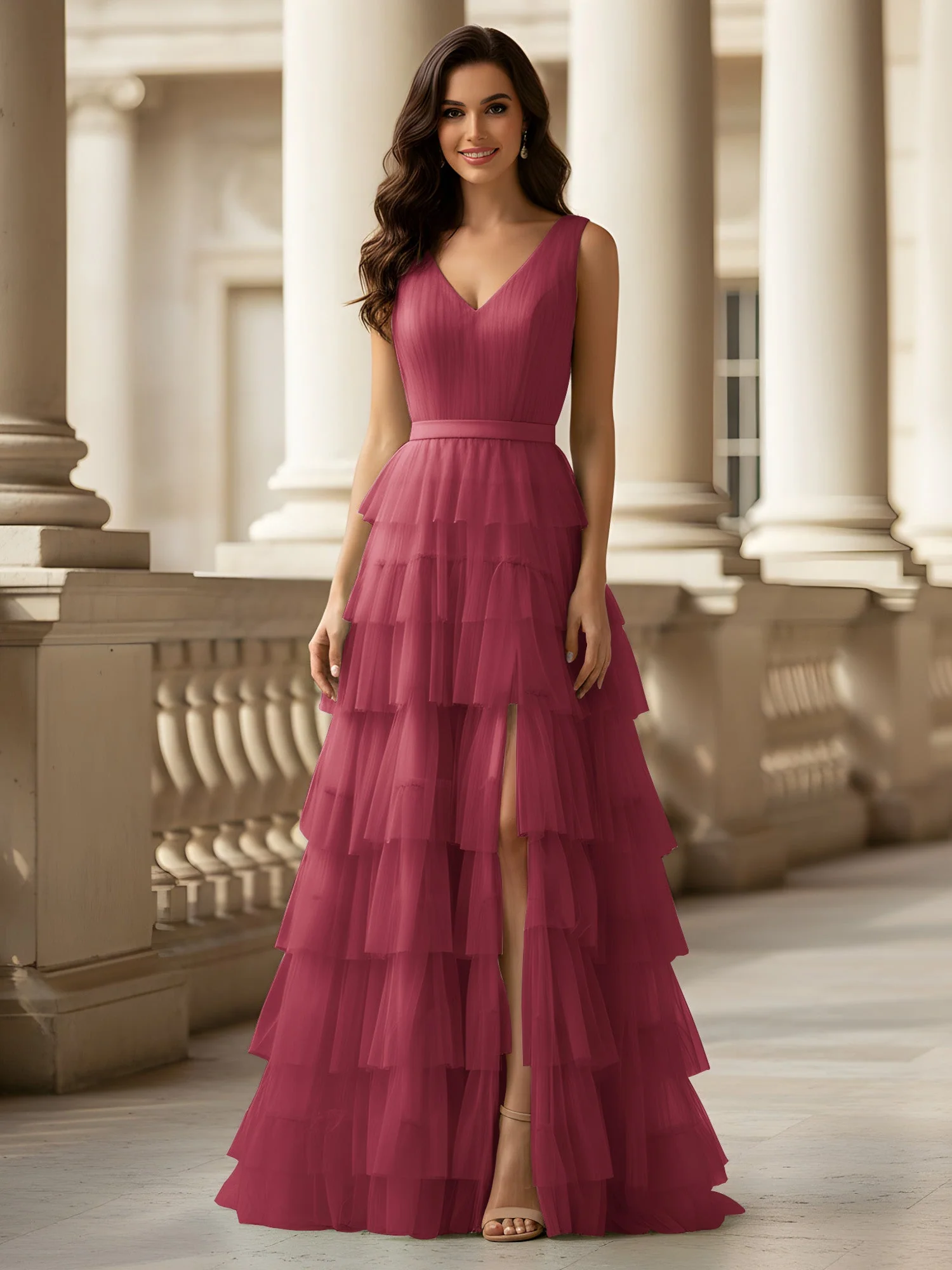 Gerafft Oberteil Formal Kleid mit Gürtel Detail Zimtrose