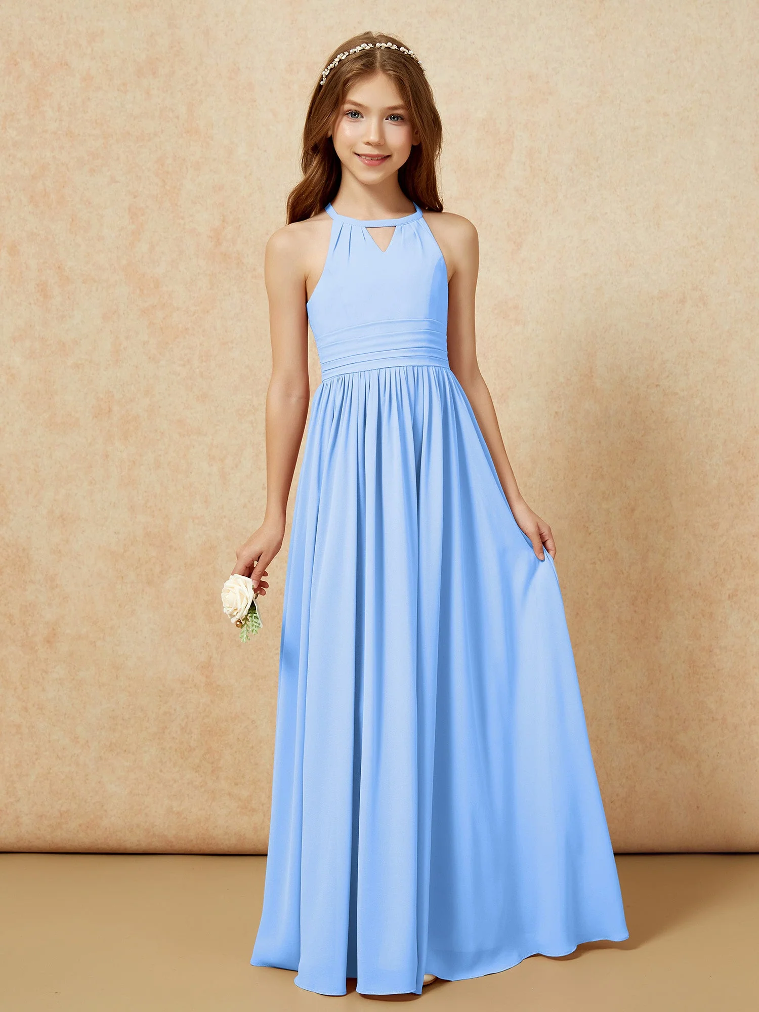 Halshalter Ärmellos Lang Chiffon Junge Brautjungfernkleider Blau