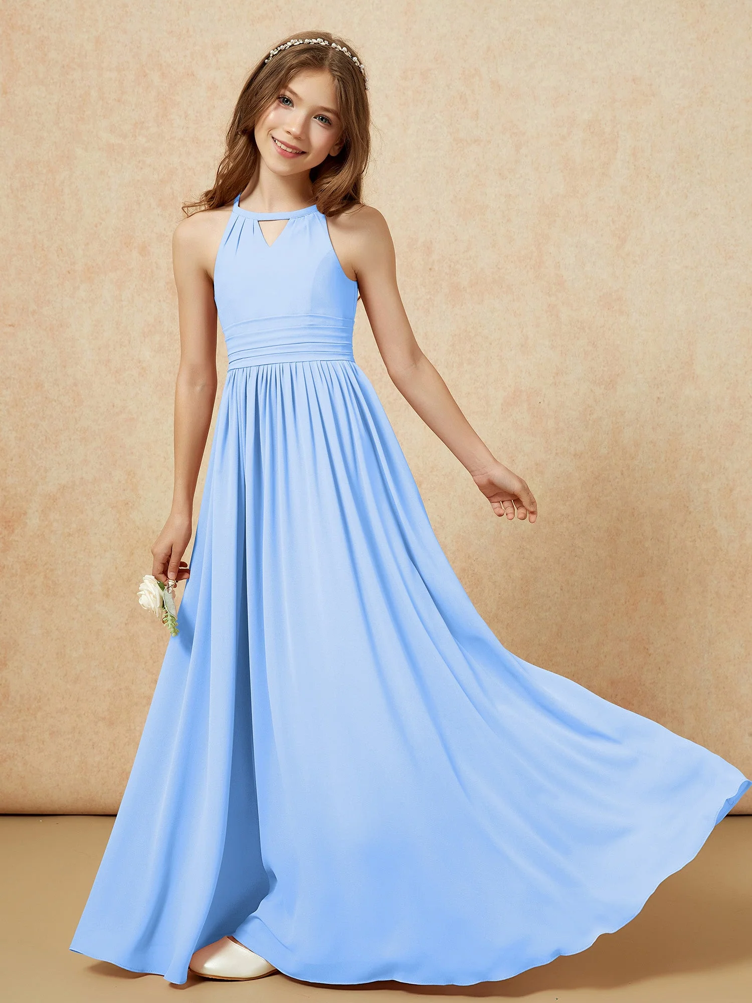 Halshalter Ärmellos Lang Chiffon Junge Brautjungfernkleider Blau - Image 6