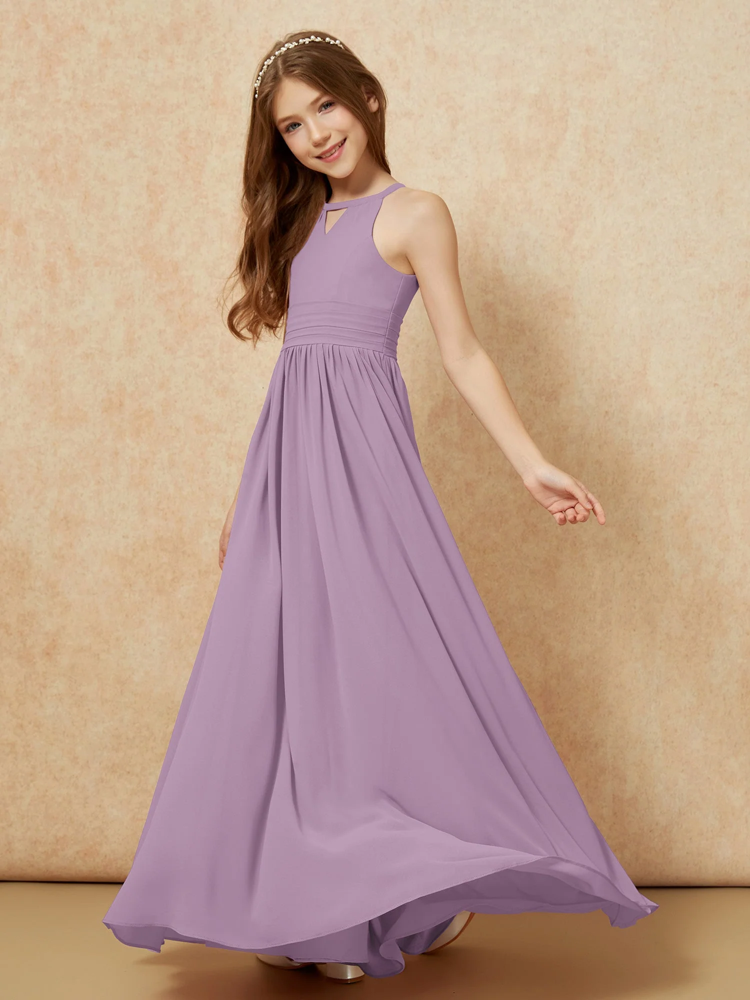 Halshalter Ärmellos Lang Chiffon Junge Brautjungfernkleider Blauregen - Image 3