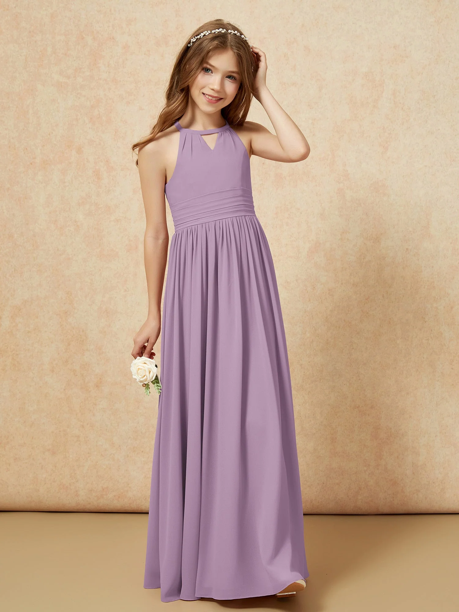 Halshalter Ärmellos Lang Chiffon Junge Brautjungfernkleider Blauregen - Image 4