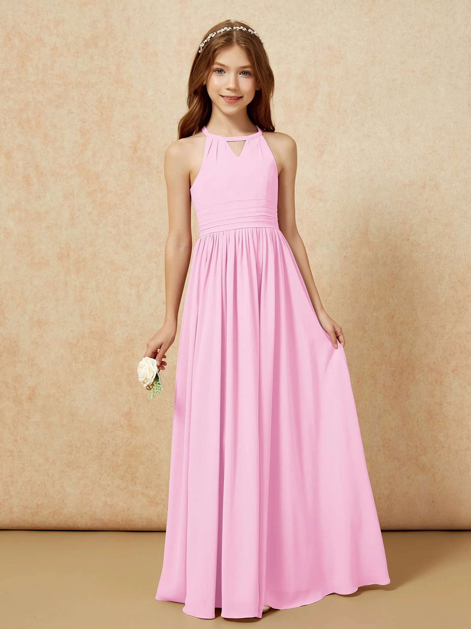 Halshalter Ärmellos Lang Chiffon Junge Brautjungfernkleider Bonbonrosa