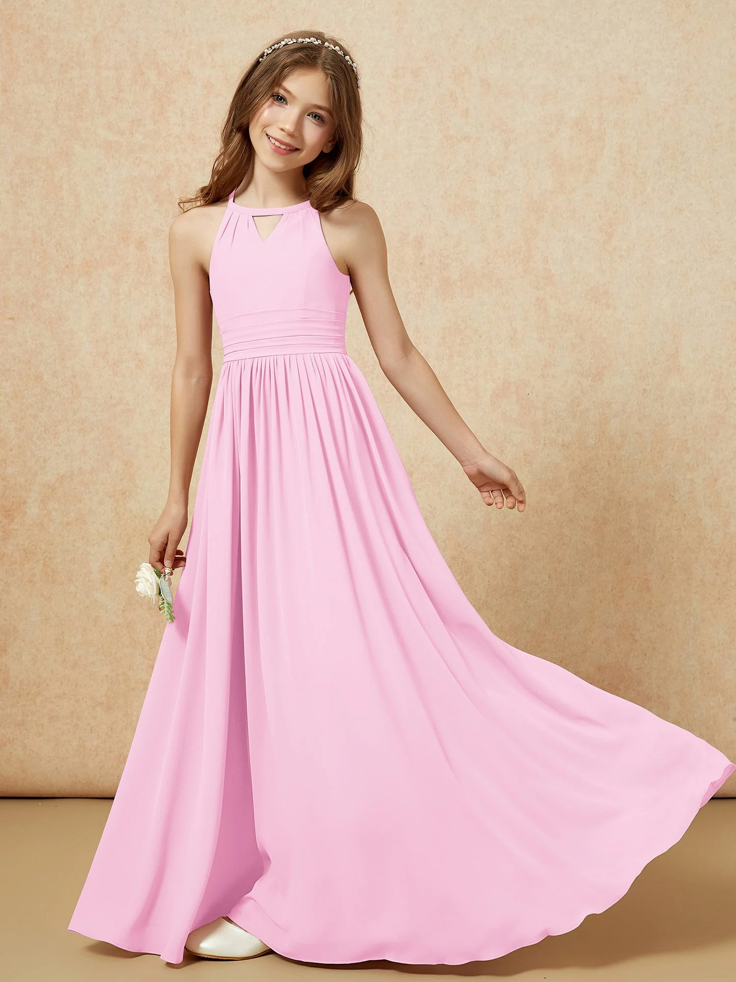 Halshalter Ärmellos Lang Chiffon Junge Brautjungfernkleider Bonbonrosa - Image 6