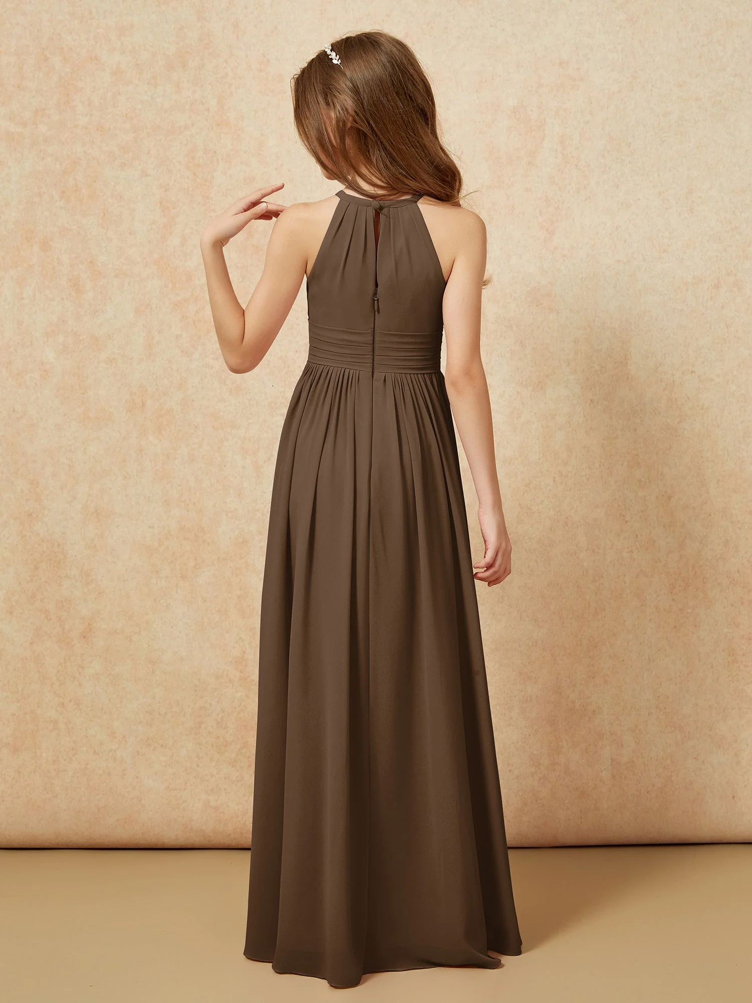 Halshalter Ärmellos Lang Chiffon Junge Brautjungfernkleider Braun - Image 2
