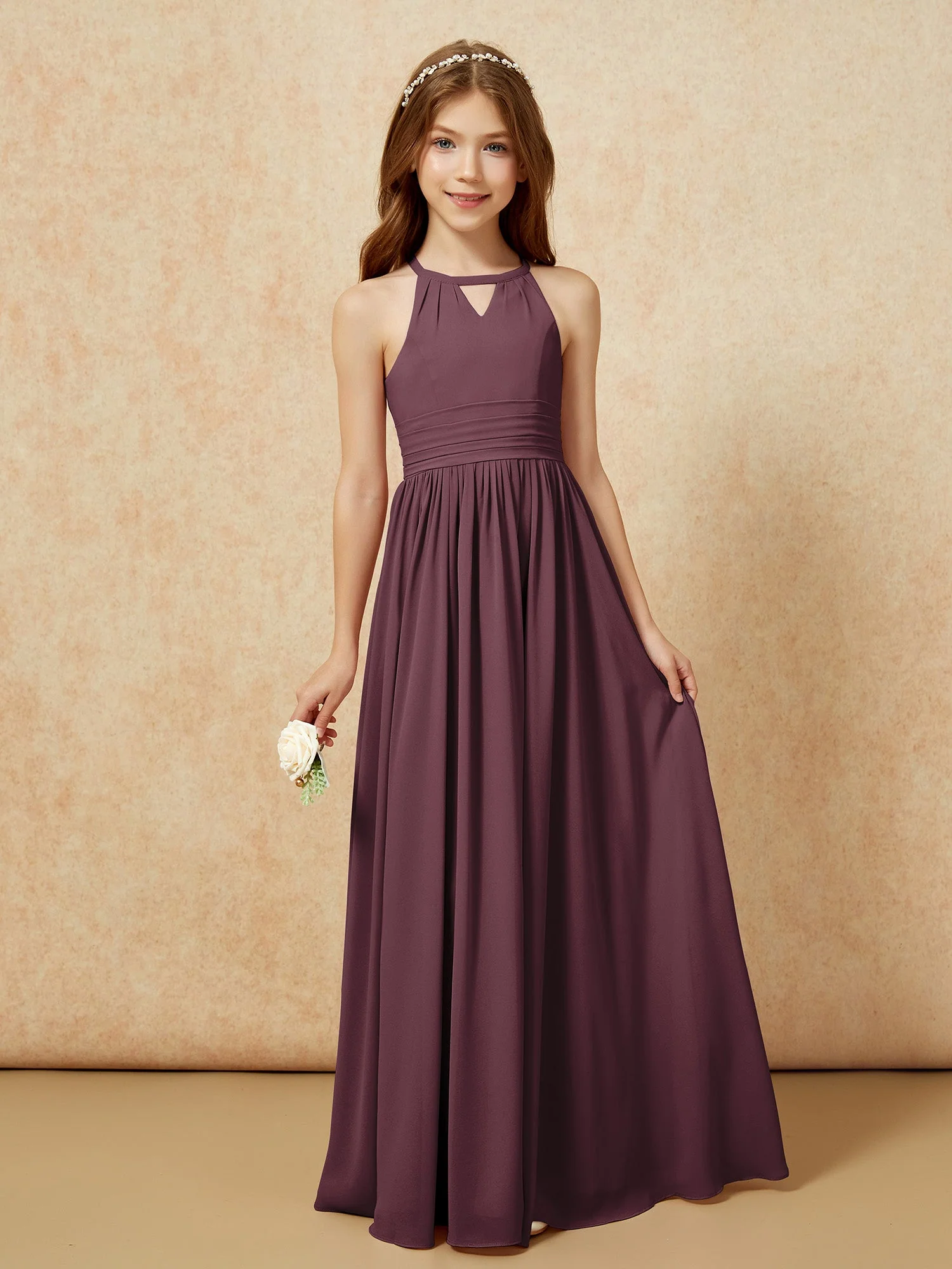 Halshalter Ärmellos Lang Chiffon Junge Brautjungfernkleider Cabernet