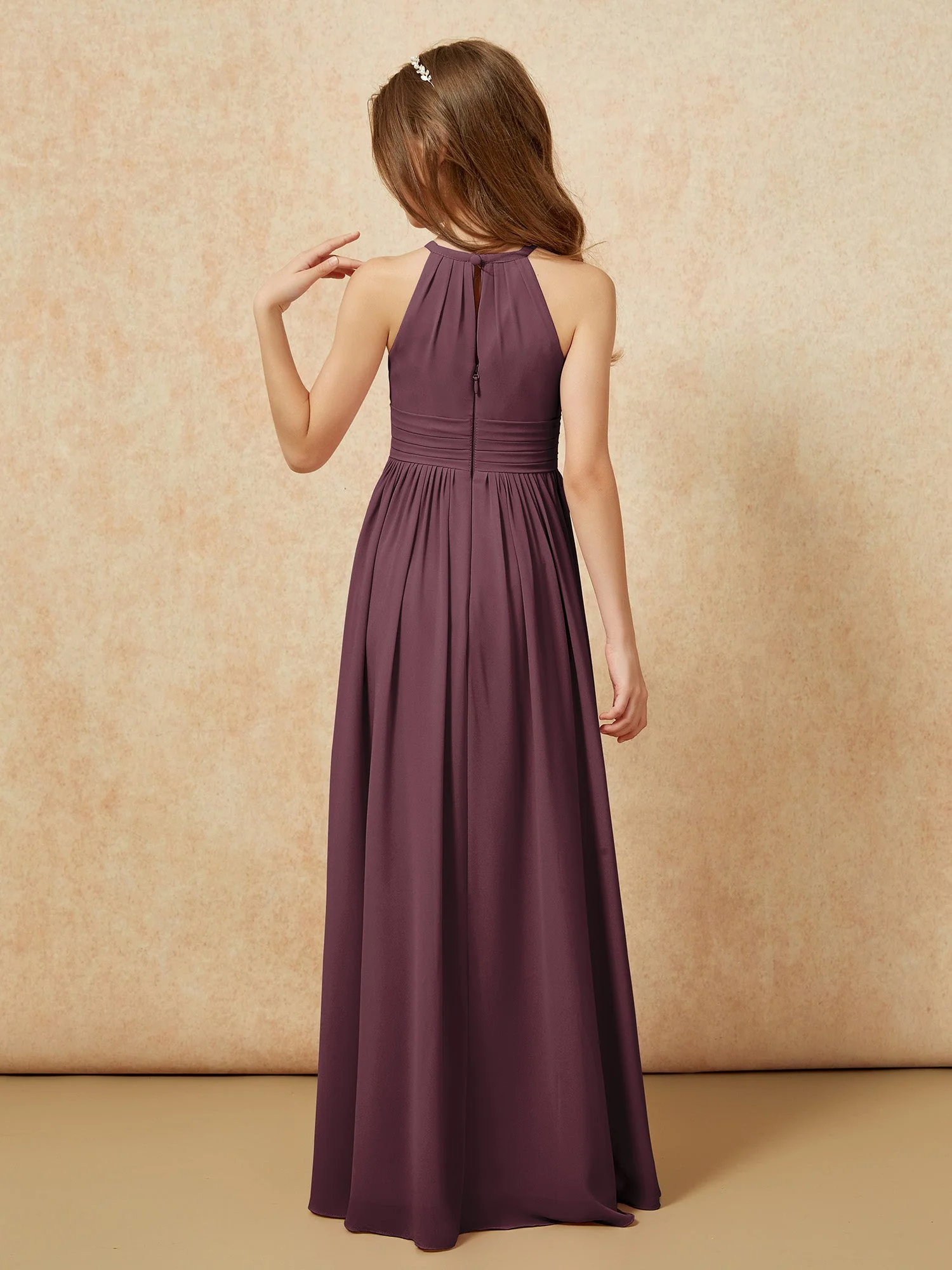 Halshalter Ärmellos Lang Chiffon Junge Brautjungfernkleider Cabernet - Image 2