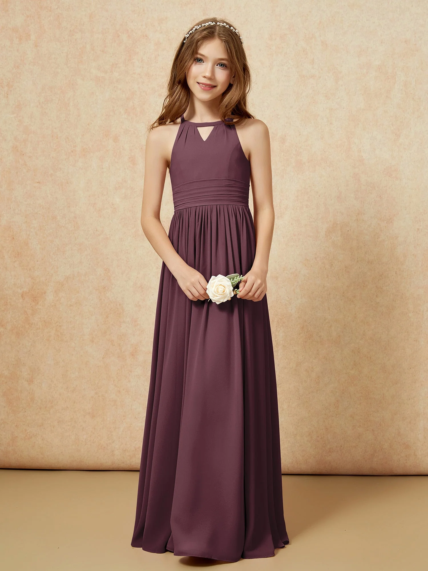 Halshalter Ärmellos Lang Chiffon Junge Brautjungfernkleider Cabernet - Image 5