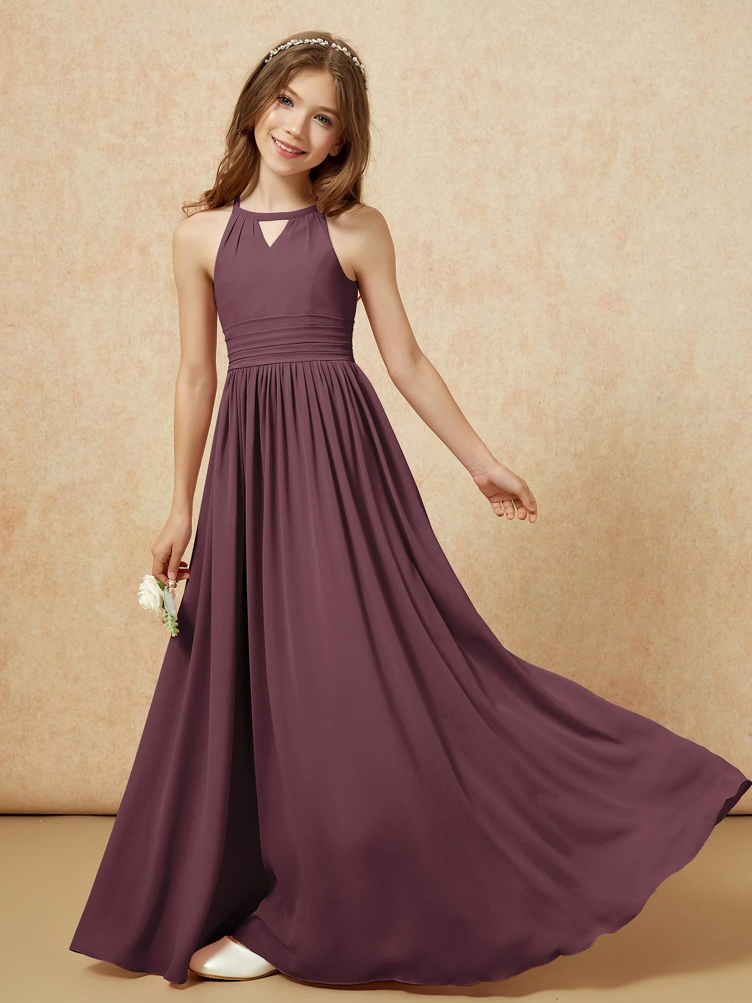 Halshalter Ärmellos Lang Chiffon Junge Brautjungfernkleider Cabernet - Image 6